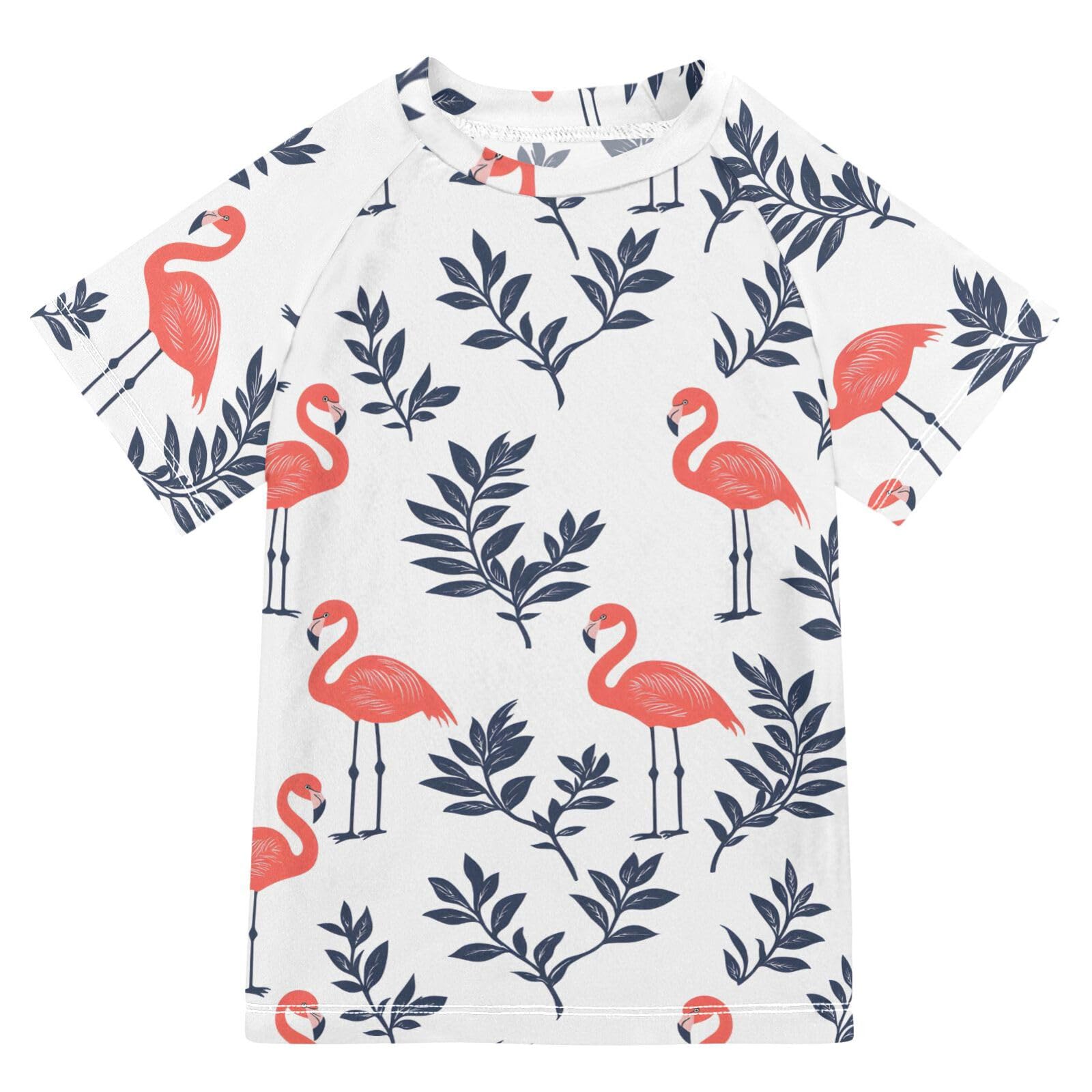 ALAZA Boys Swim Shirts Toddler Rash Guard Short Sleeve Rashguard Flamingo Leaf UPF 50+ 11-12T