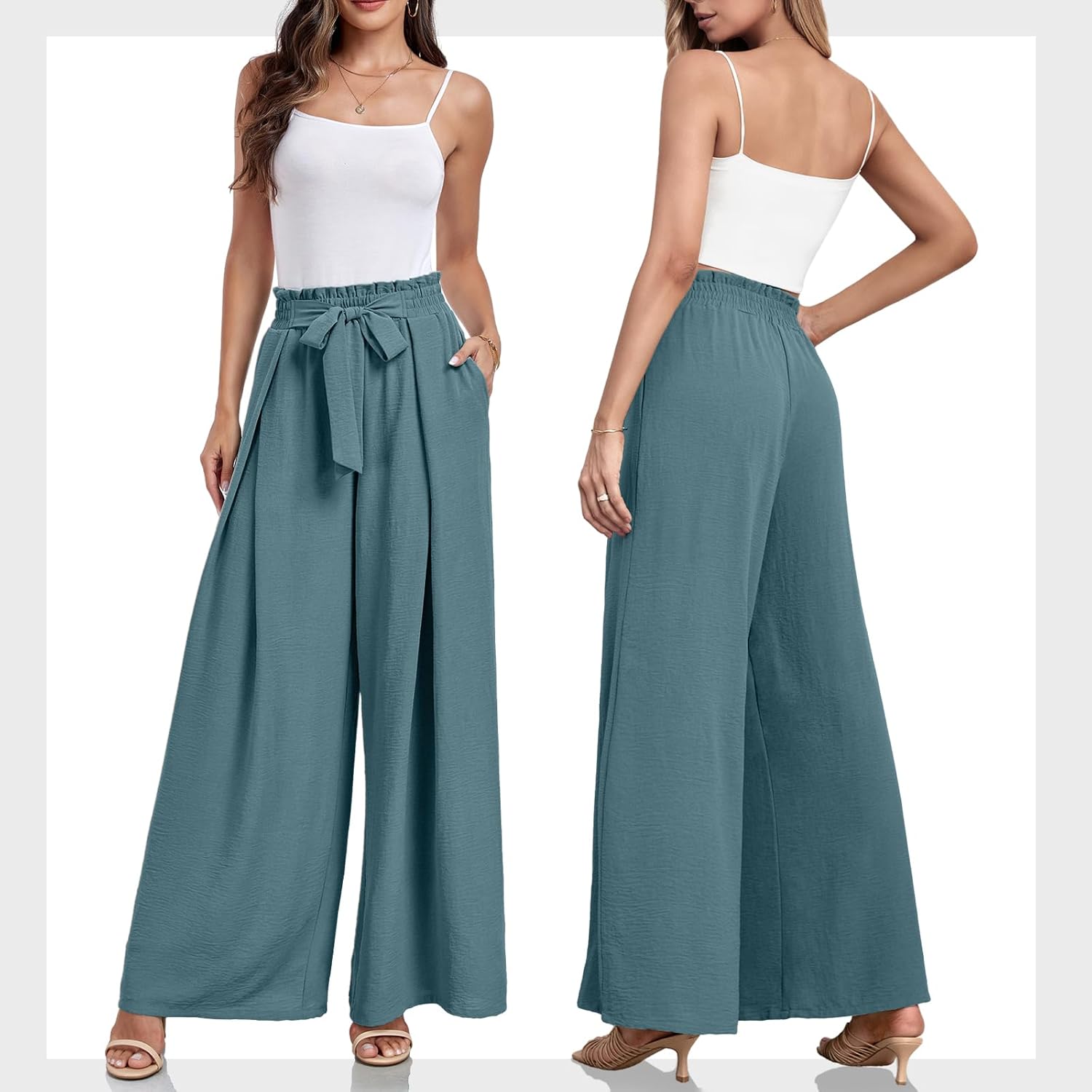 Lepunuo Wide Leg Pants for Women High Waisted Palazzo Pants Work Casual Flowy Tie Knot Trousers with Pockets - Image 5