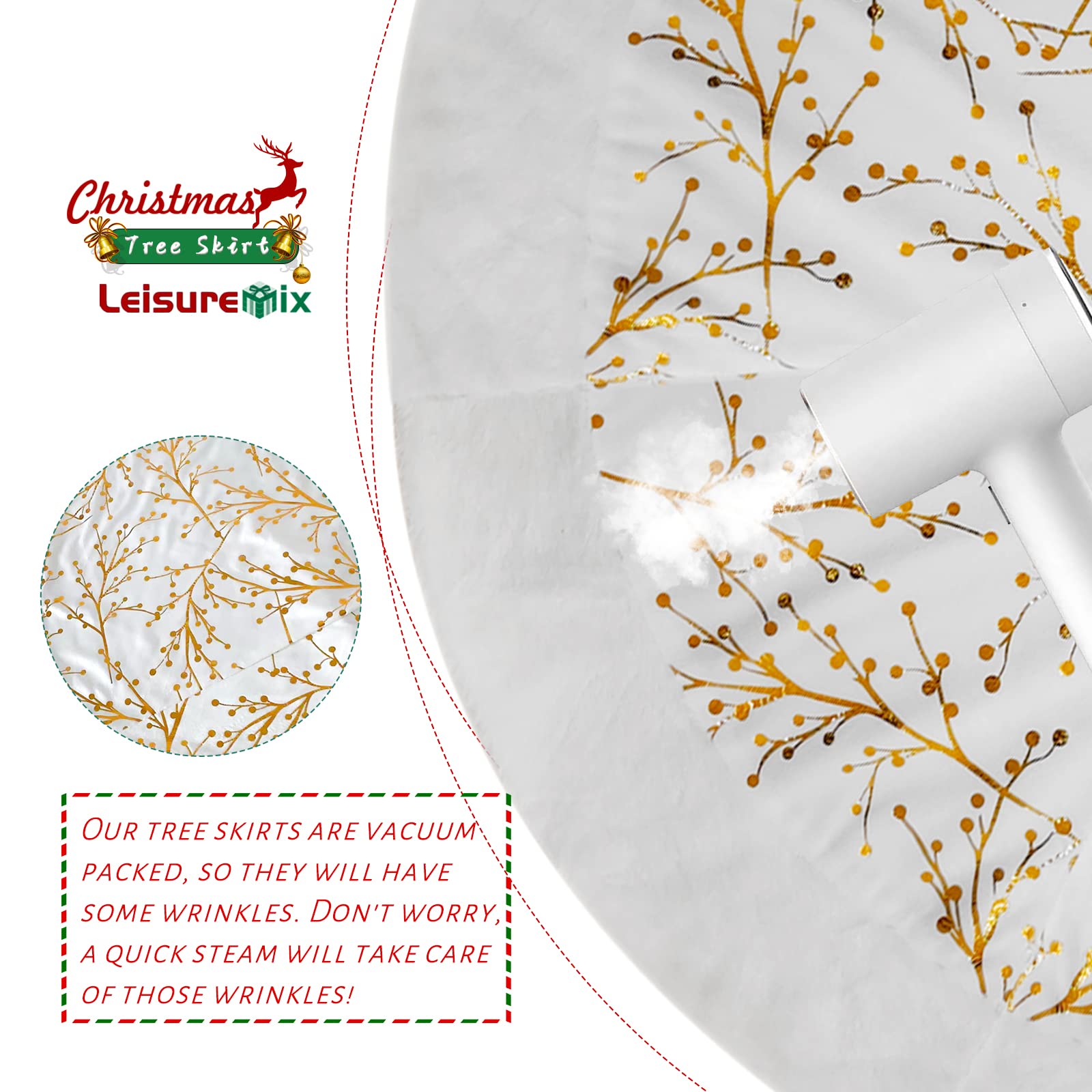 Leisuremix Christmas Tree Skirt 90cm / 36 Inch Gold White Xmas Tree Skirts for Christmas Party Home Decor Soft Velvet Tree Skirt - Image 4