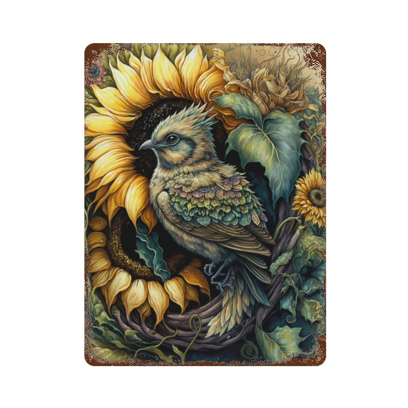 Sunflower Bird Nest Art Print Decorative Tin Sign 15.7"x11.8", Shabby Chic Decor for Garage, Pub Or Kitchen