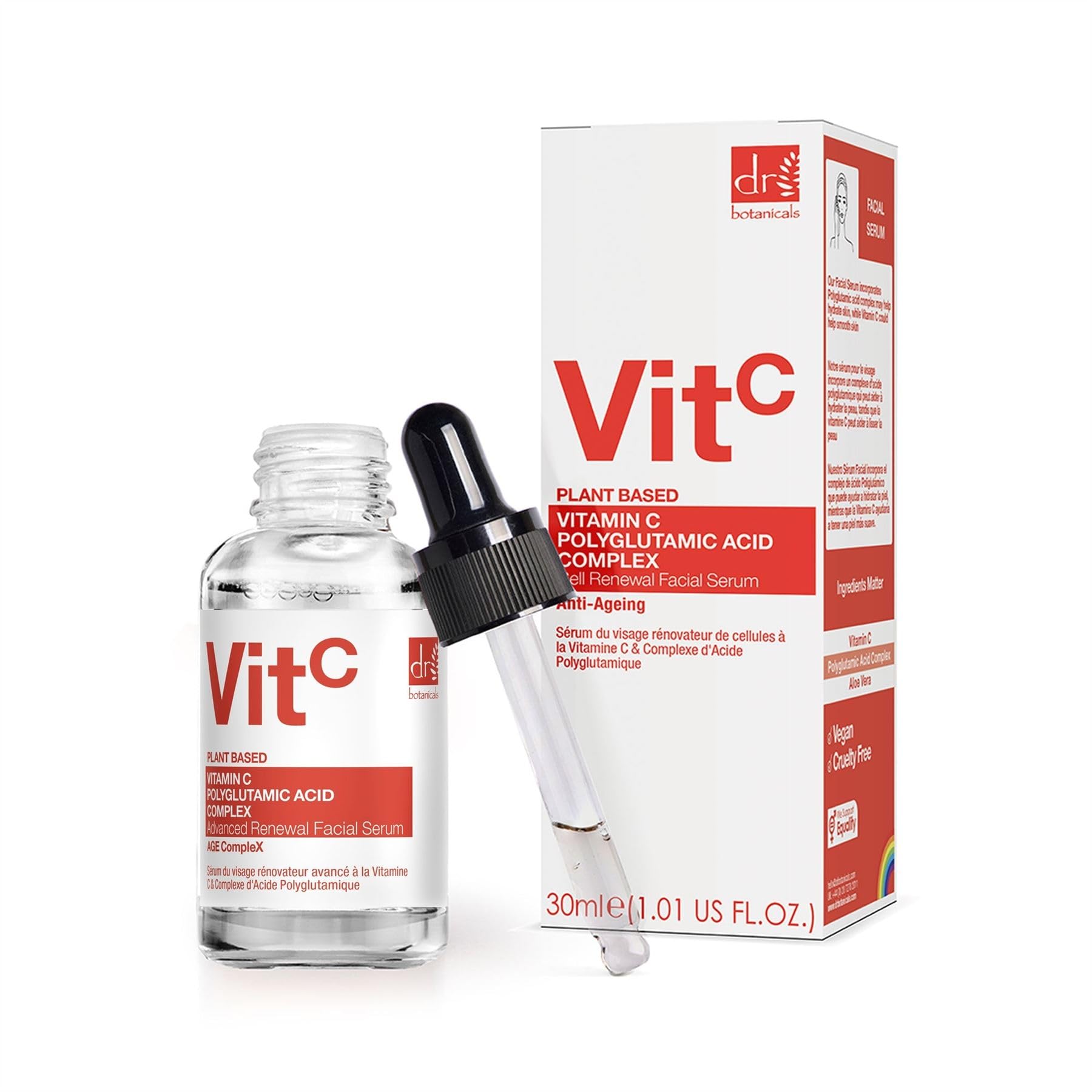 Dr BOTANICALS Anti Aging Facial Serum With 3% Vitamin C & 1% Polyglutamic Acid Complex | Hydration, Wrinkle Reduction, and Youthful Radiance in One Bottle | Luxury Anti-Aging Skincare