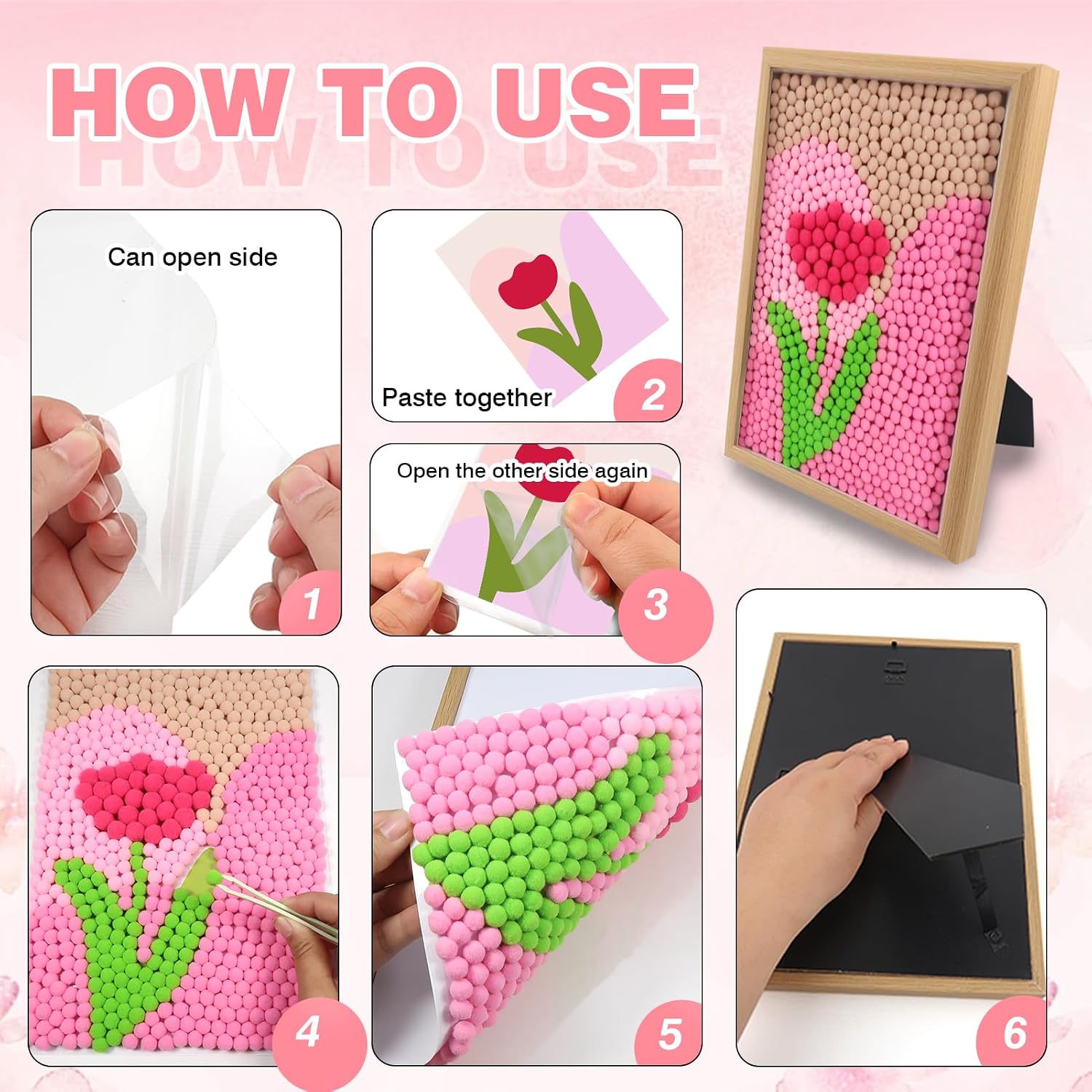 TOAOB Pom Pom Painting Art Kit 1150pcs Pink Series and Photo Frame | for Home Decor Projects Artistic Crafts DIY Flowers Painting Kit Supplies