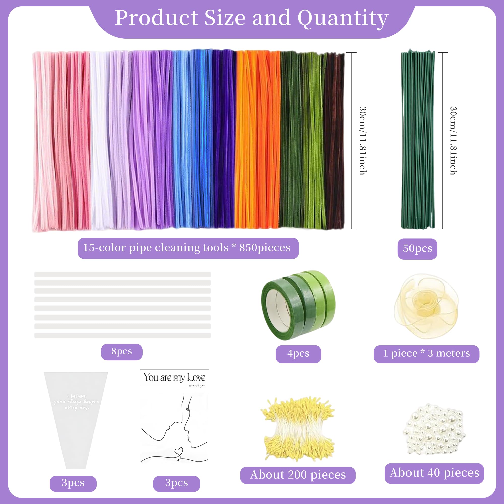 Kit Complet Fleurs en Fils Chenille 850 Cure-Pipes 15 Couleurs avec Étamines Artificiel pour Décoration DIY