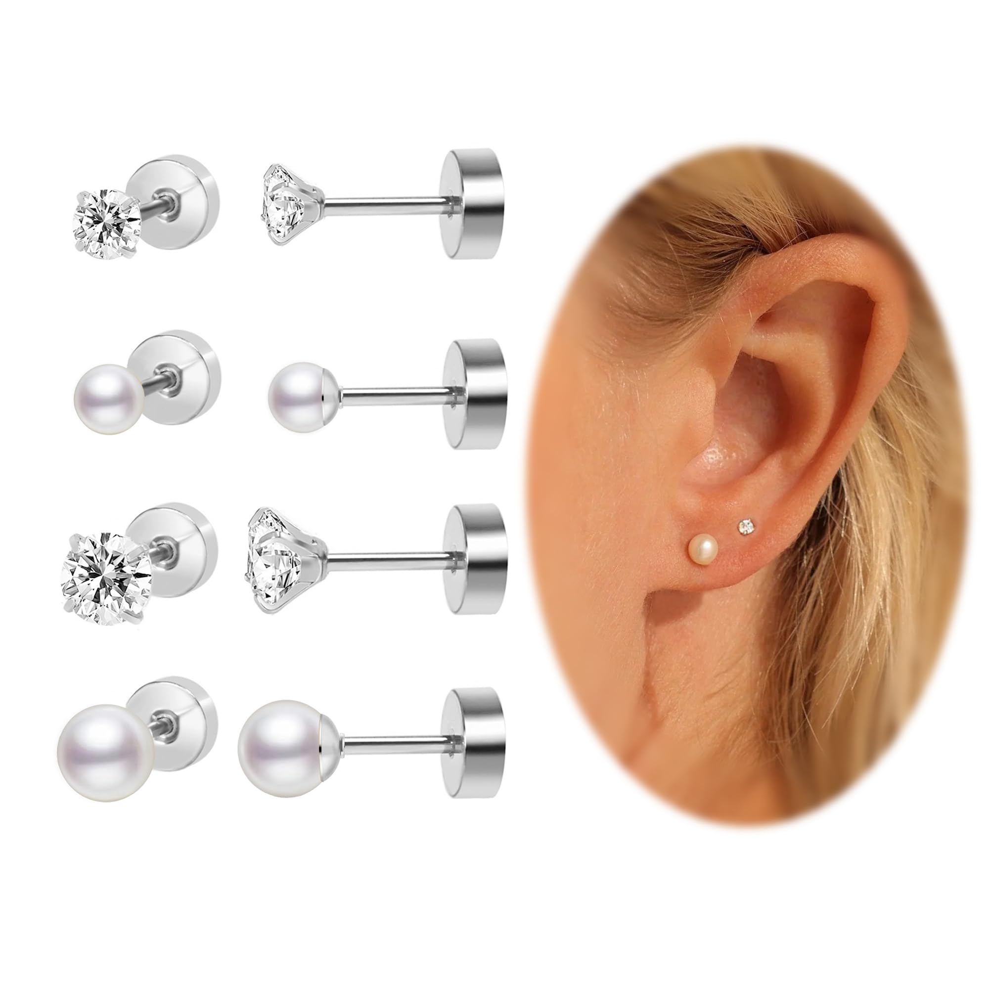 Flat Back Earrings Small Screw Back Earrings for Women, Titanium Nap Cubic Zirconia Earrings Stud Set, Helix Cartilage Tragus Piercing Jewelry