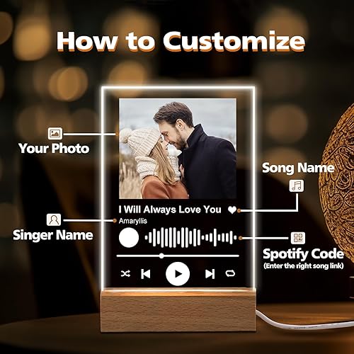 Miniatura 4 de Placa personalizada de Spotify  Canción acrílica personalizada con cubierta de álbum de fotos  Luz nocturna LED grabada con imagen  Regalos