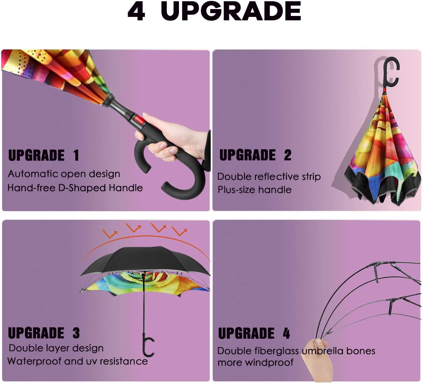 SIEPASA Auto-open Reverse Umbrella, Umbrella Windproof, Inverted Umbrella, Umbrellas for Women with UV Protection, Upside Down Umbrella with Safe Reflective Stripe(Rainbow rose)