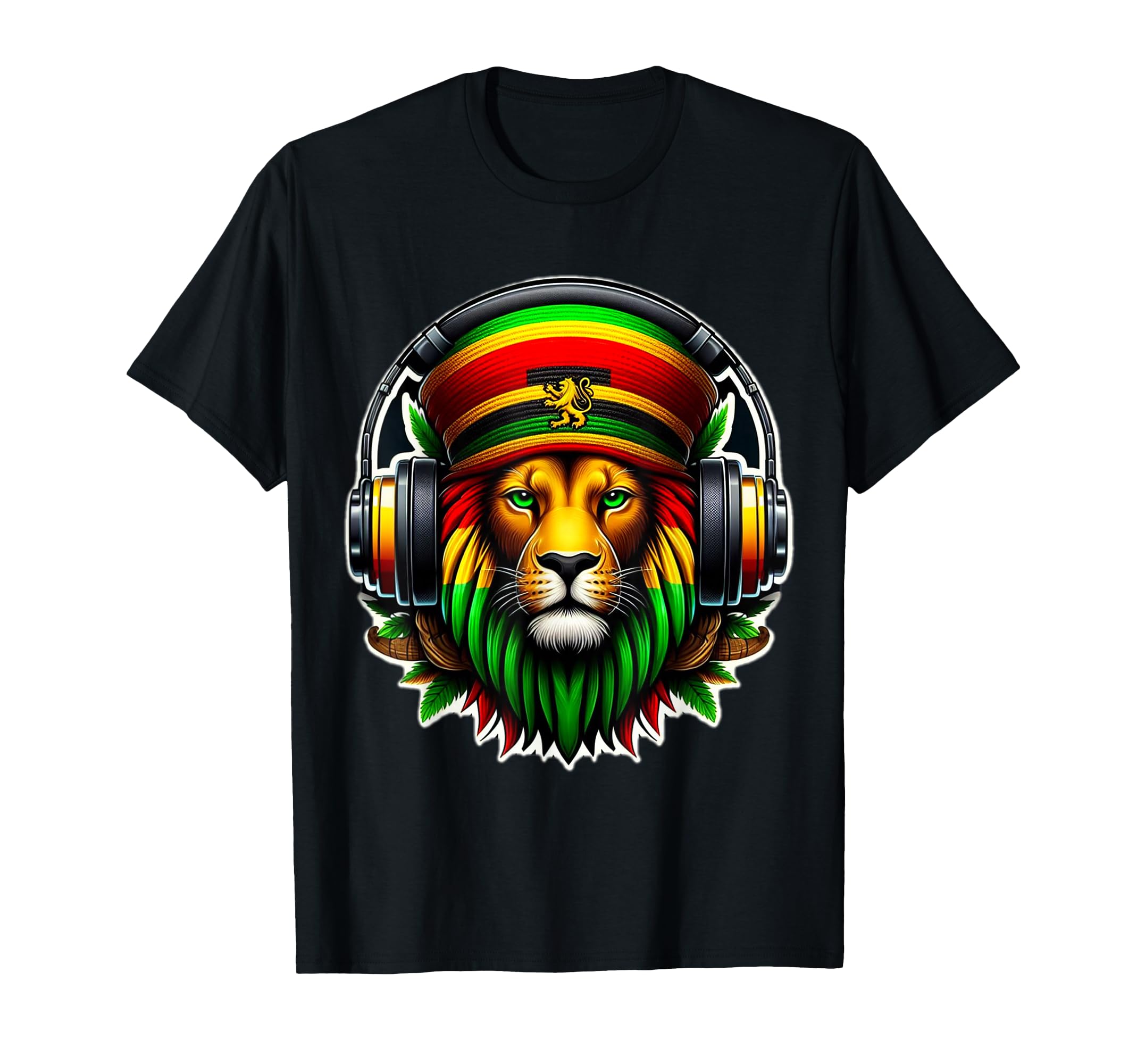 Jamaican Pride Rasta Reggae Lion with Music Headphones T-Shirt