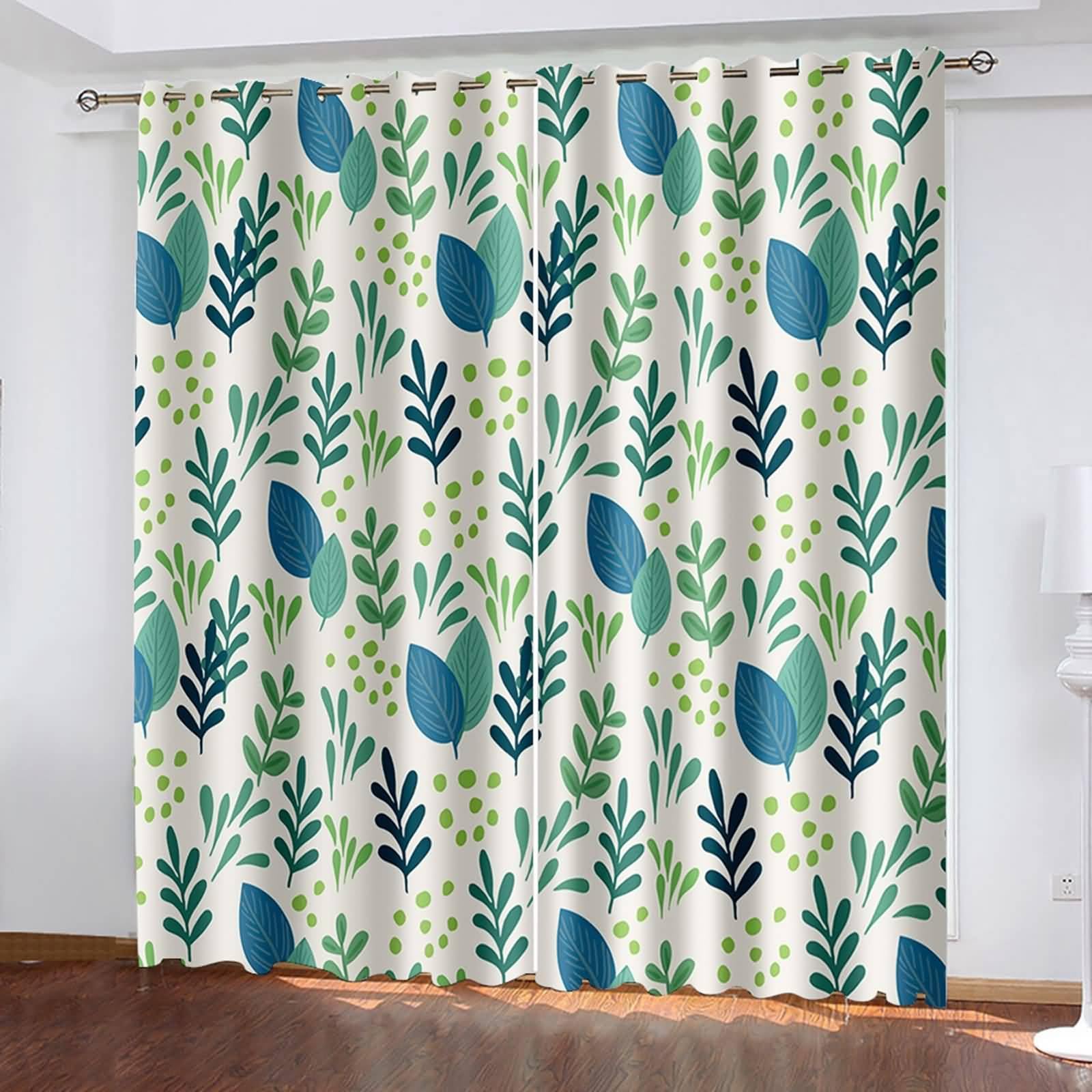 Verdunklungsvorhänge mit Ösen, 152x183cm Grün Blau Botanisches Blättermuster Vorhang für Schlafzimmer/Wohnzimmer