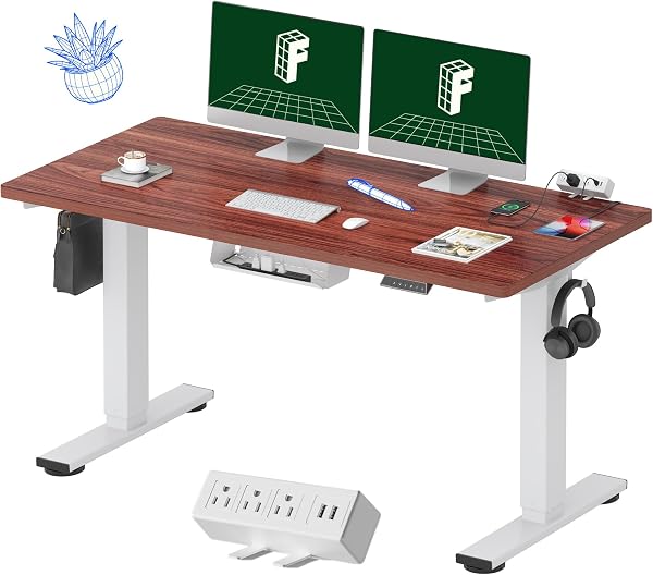 FLEXISPOT EN2 Whole-Piece Standing Desk with Clamp Power Strip, 55 x 28 Electric Stand Up Height Adjustable Desk with Cable Management (White Frame + 55" Mahogany Top, 2 Packages) - 1