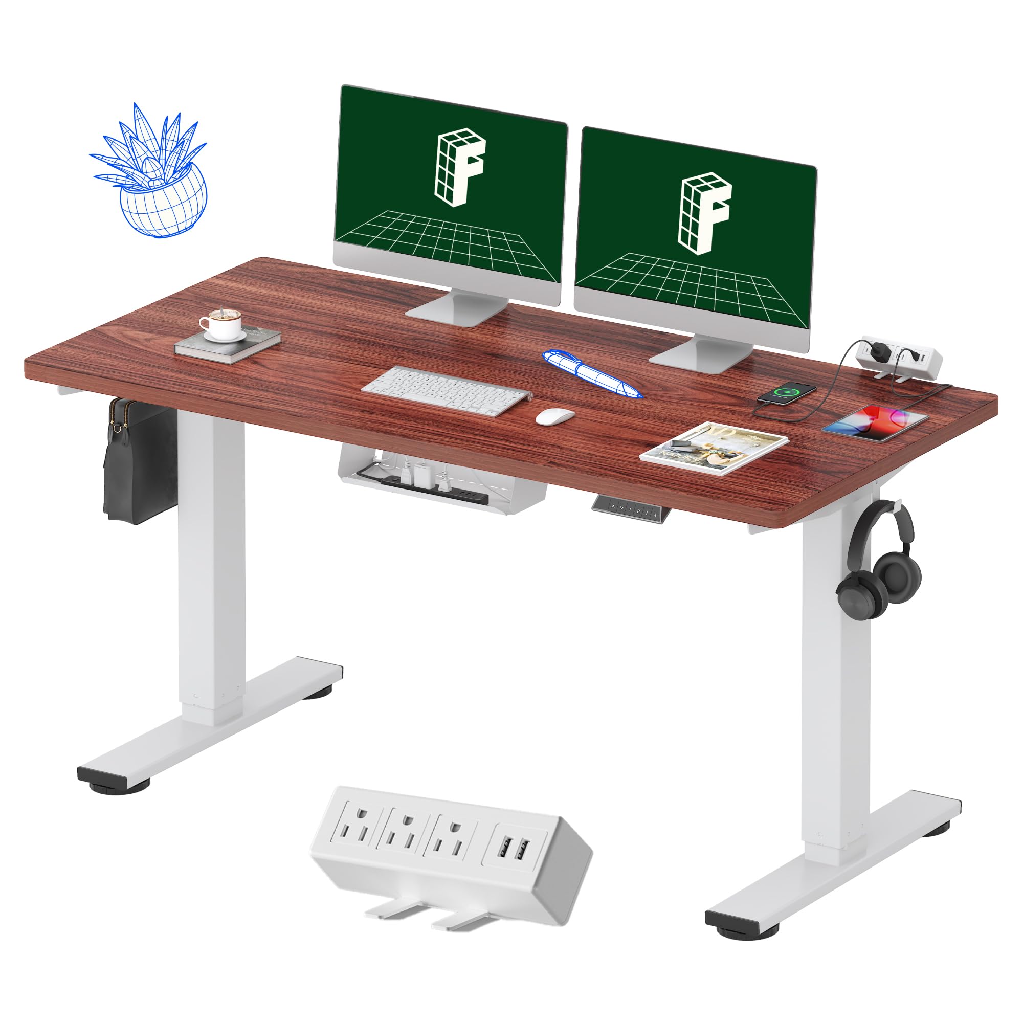 FLEXISPOT EN2 Whole-Piece Standing Desk with Clamp Power Strip, 55 x 28 Electric Stand Up Height Adjustable Desk with Cable Management (White Frame + 55" Mahogany Top, 2 Packages) - 1