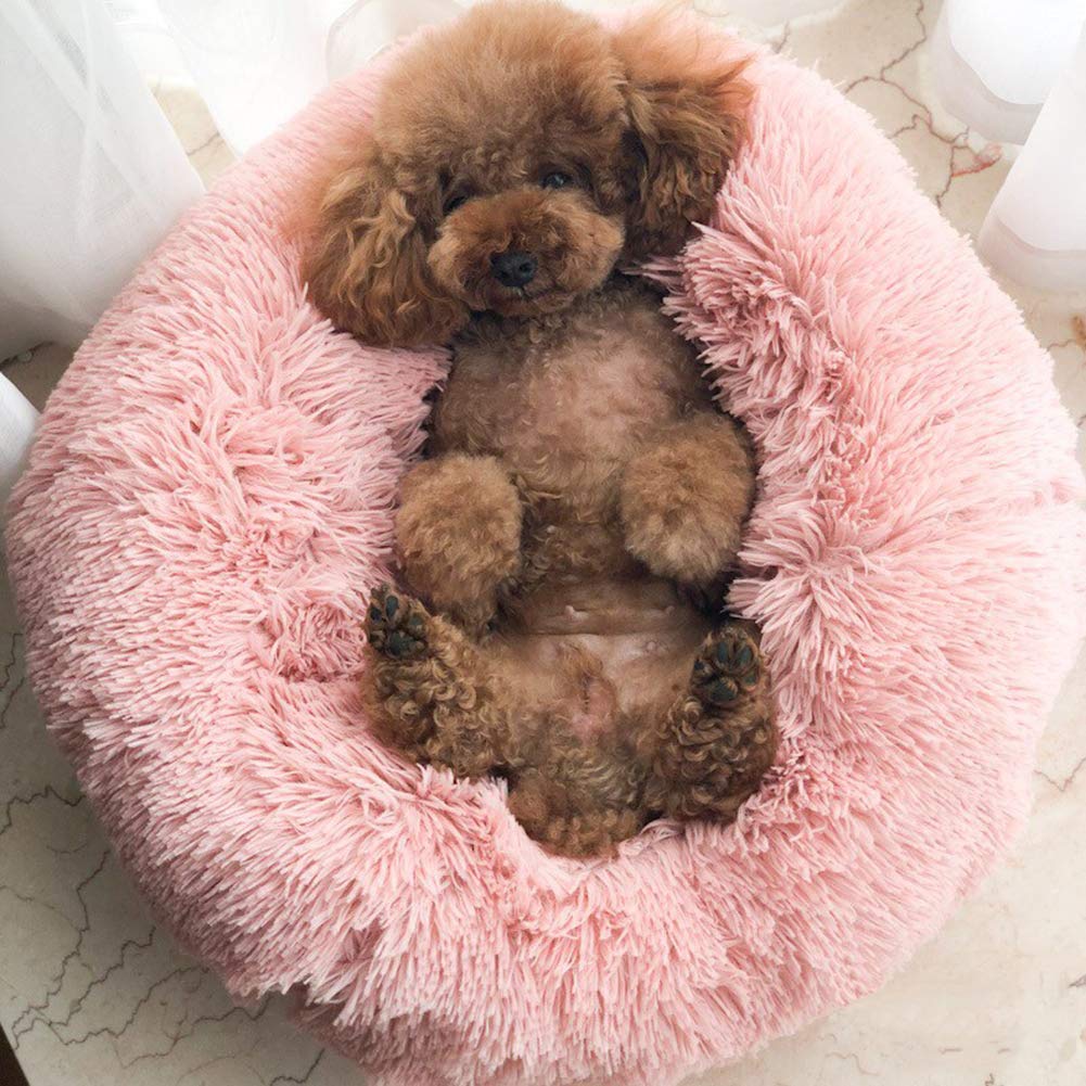 Cojín de felpa suave para perros y gatos de lujo redondo para mascotas de 80 cm, color rosa