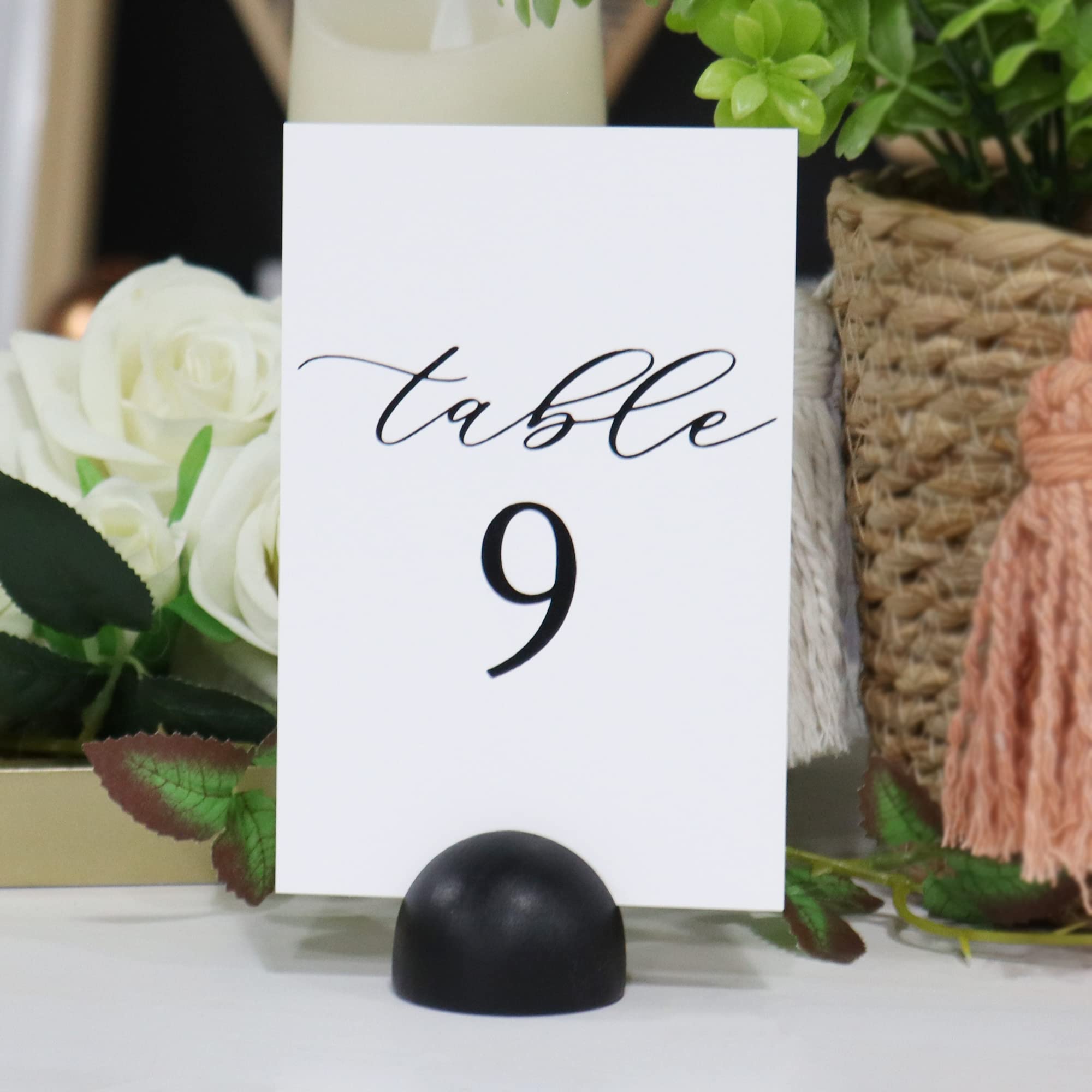 Hanna Roberts Modern Cursive Table Number Card Stock Signs with Round Stand for Wedding Reception, Restaurant, Event Party, 4" x 6" (Set of 10, 1-10, Black)