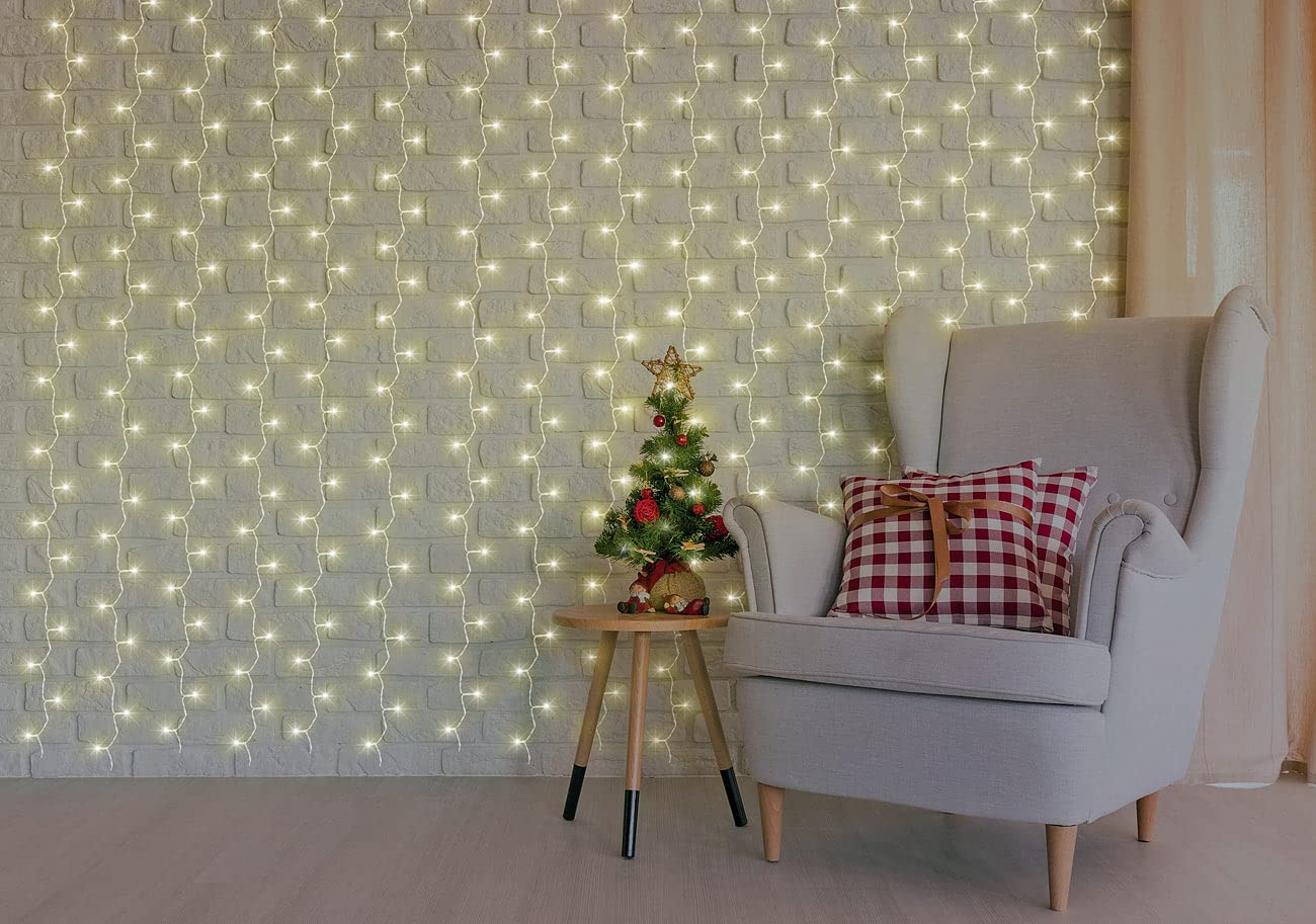 Luminea Home Control Lichtervorhang innen: 2er WLAN-LED-Lichtervorhang, 300 CCT-LEDs, dimmbar, App, IP44, 3x3 m (außen, kaltweiß, Kabel)