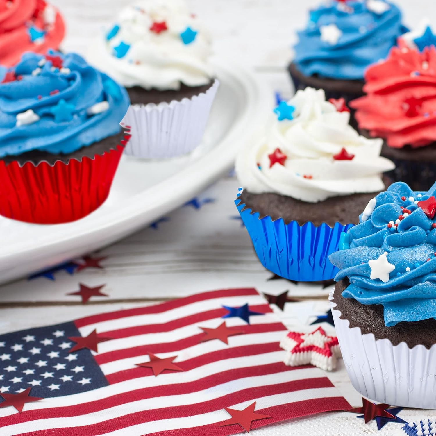Whaline 150Pcs Patriotic Cupcake Liners 4th of July Baking Cups Red Blue Silver Foil Metallic Cupcake wrappers for 250th Anniversary Independence Day Memorial Day Party Decor