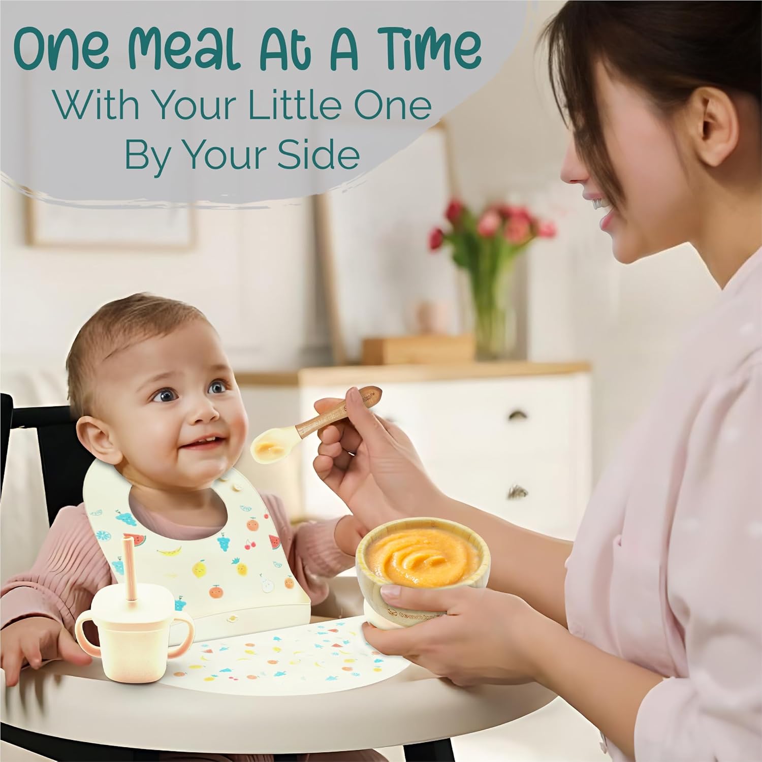 TEAMKO® Silicone Baby Feeding Set: Bamboo Baby Plate and Bowl, Bib, Utensils, Cup & Placemat - Bamboo Kids Plates - Ideal for Baby Led Weaning + Nutritional Guide