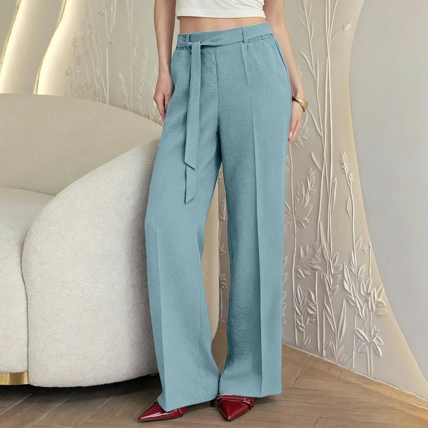 Women's Belted Wide Leg Pants High Waisted Loose Fit Draped Trousers Lightweight Comfy Casual Office Slacks Bottoms