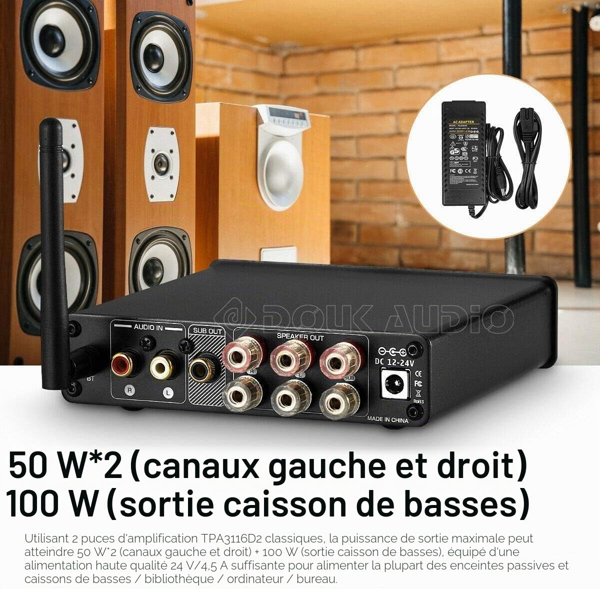Douk Audio M3 Amplificateur audio stéréo Bluetooth 5.0 2.1 canaux Mini amplificateur Hi-Fi Classe D avec 50 W x 2 + 100 W pour la maison et l'extérieur Haut-parleur passif et caisson de basses actif