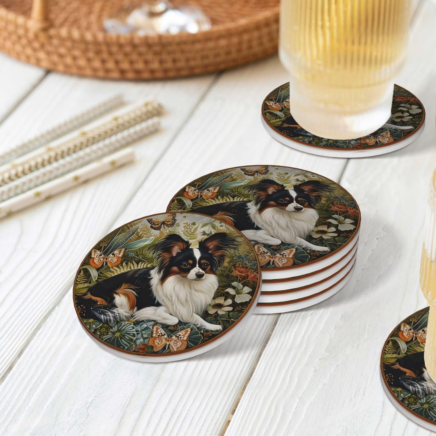 Papillon Dog Mom Gift Ceramic Absorbent Coasters Set of 4 Pack, Dog Father Gift Water Moisture Non-Slip Stoneware Cupholder Coffee Coasters Beverage Kit for Mug Wine Glass Tea Cup