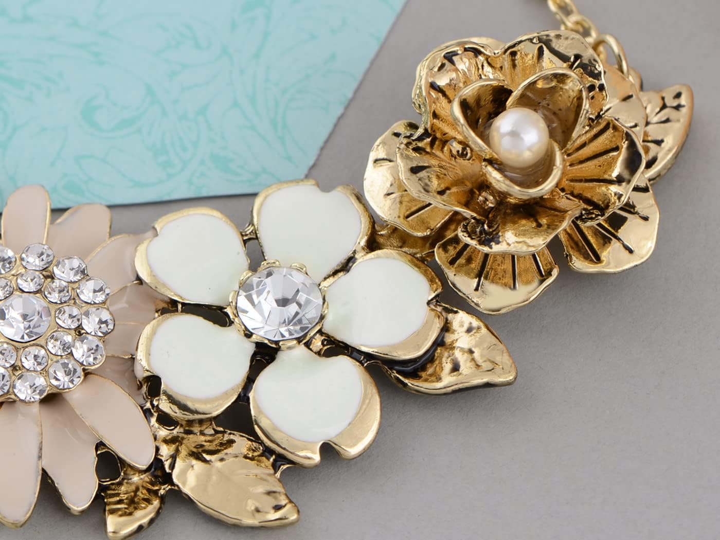 Alilang Womens Flower Rhinestones Pearl Statement Bib Golden Tone Necklace with Gray Yellow Enamel