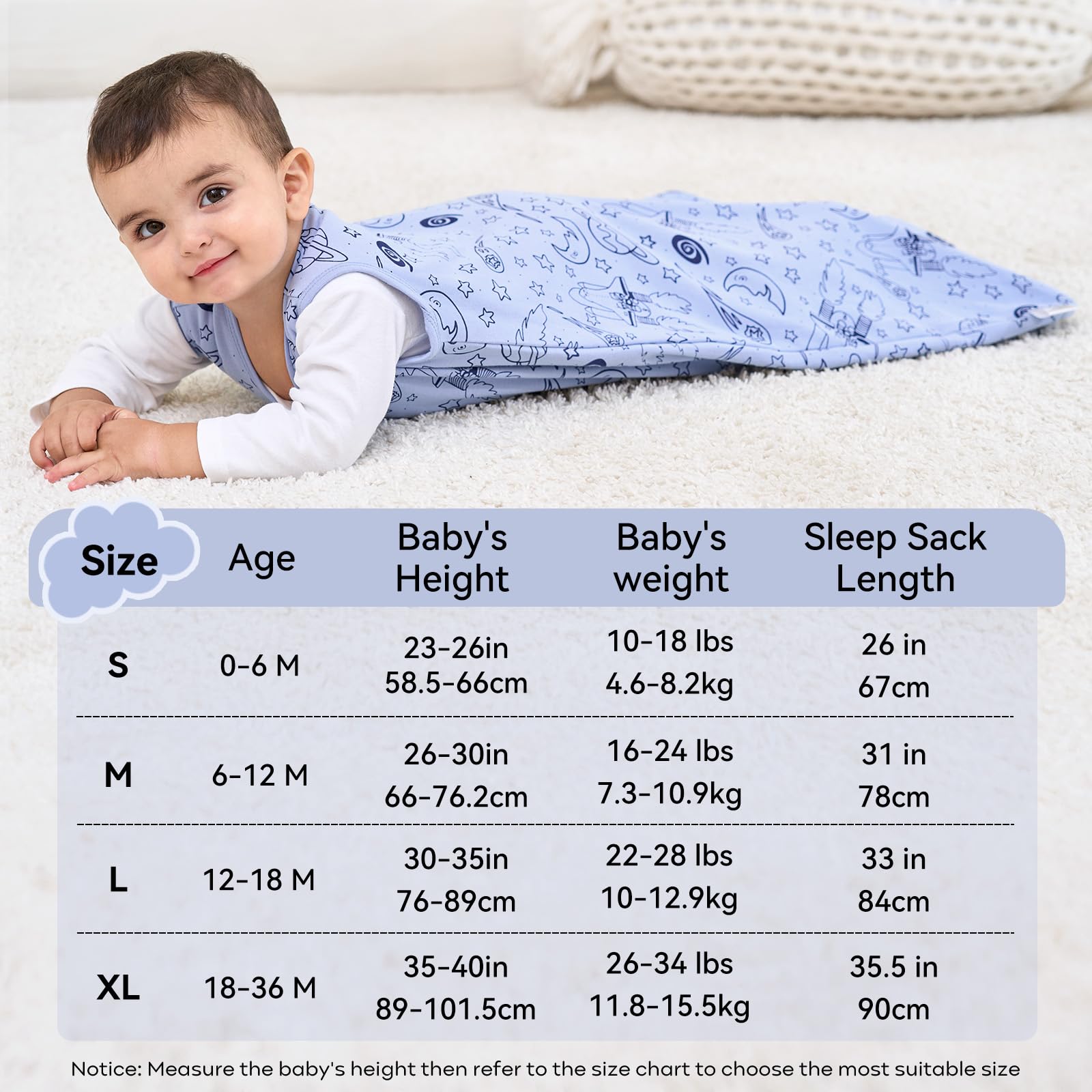 Unnivoll Gigoteuse pour bébé 1,0 tog 18-36 mois 100 % coton sac de couchage couverture portable avec fermeture éclair à 2 voies pour nouveau-né bébé tout-petit lune bleue