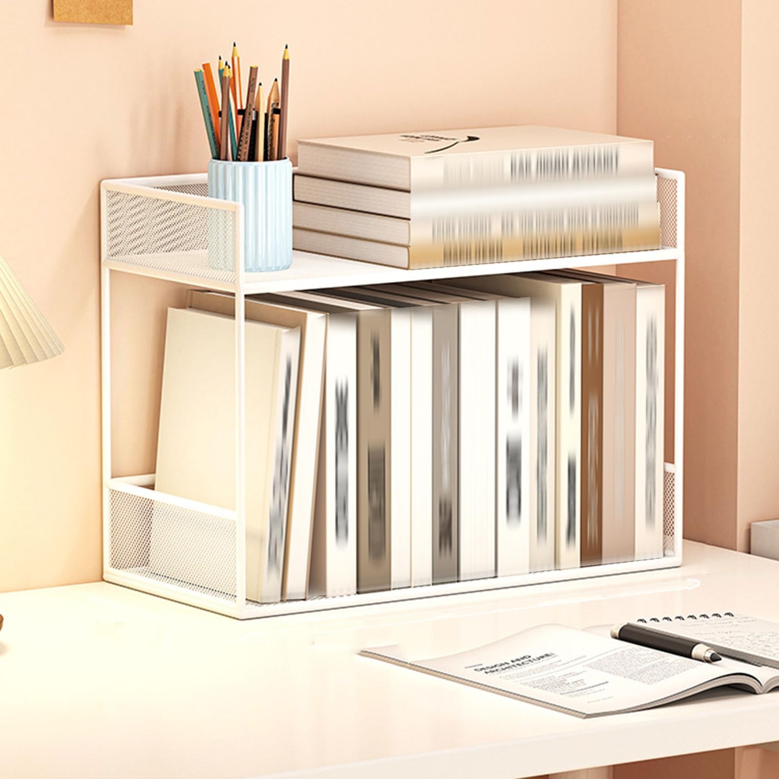 Desktop-Bücherregal Schreibtisch Aufsatzregal, Platzsparend Für Büro & Arbeitszimmer, Robustes Holz- Und Stahl-Design, Einfacher Aufbau, Ideal Für Kleine Flächen(W-Double,40cm)