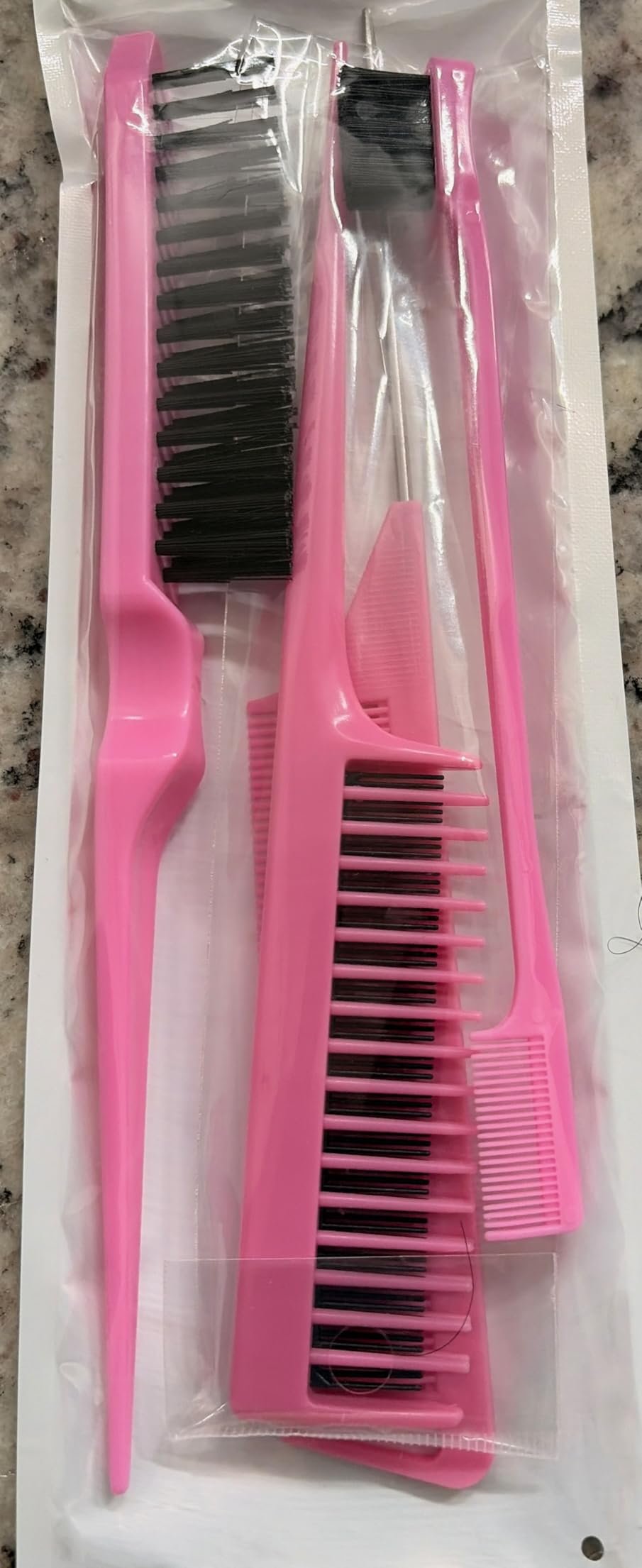 Aigee Hair Brush Set, Pink, 4 Piece, Three-Row Teasing Comb, Edge Brush, Rat Tail Comb for Women and Girls Styling