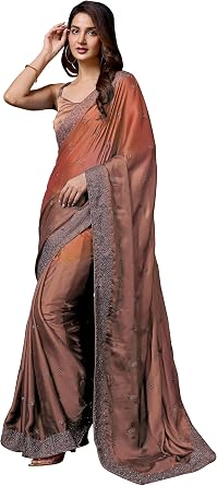TRENDMALLS Womens Rangoli Silk Heavy Embroidery Double Shade Saree with Unstitched Blouse Piece