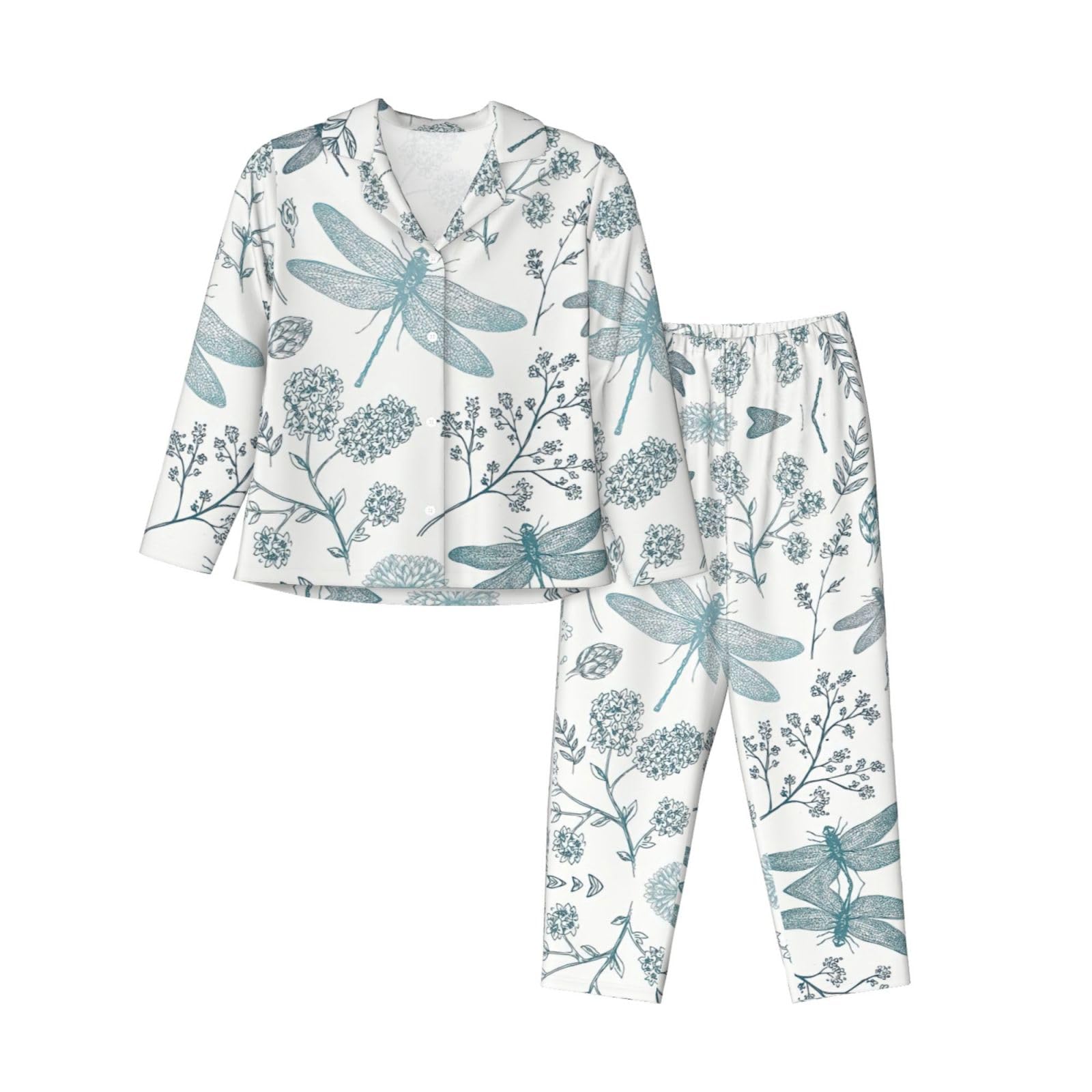 Asfgda Women's Black Dragonfly Flower Print Pajama Sets,Long Sleeve Button Down Pajamas Set,Lounge Sets With Pockets