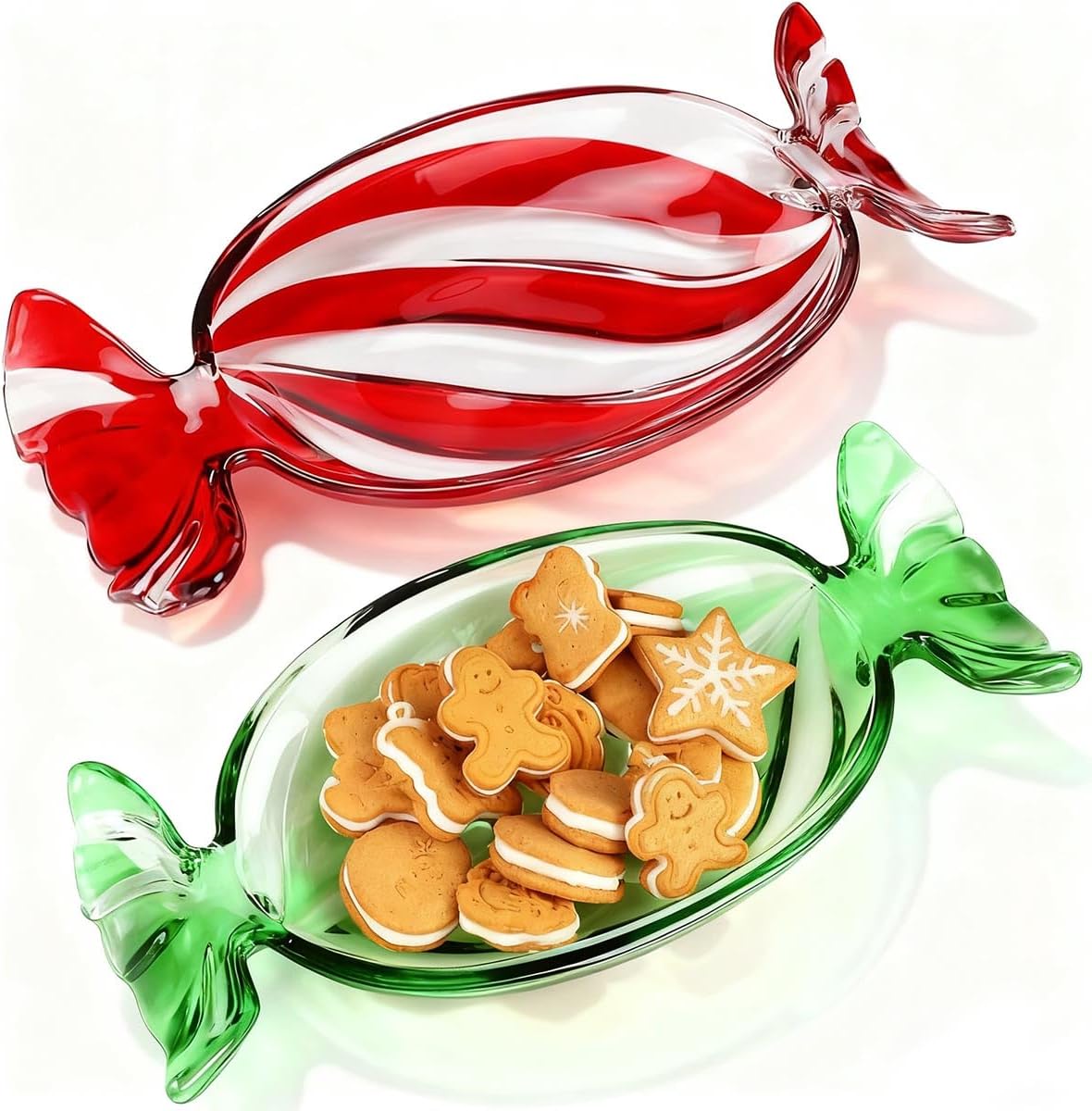 Christmas Red & Green Set Crystal Glass Candy Platter Dish Serving Dessert Christmas Dinnerware Tray Decorative for Xmas Holiday Party