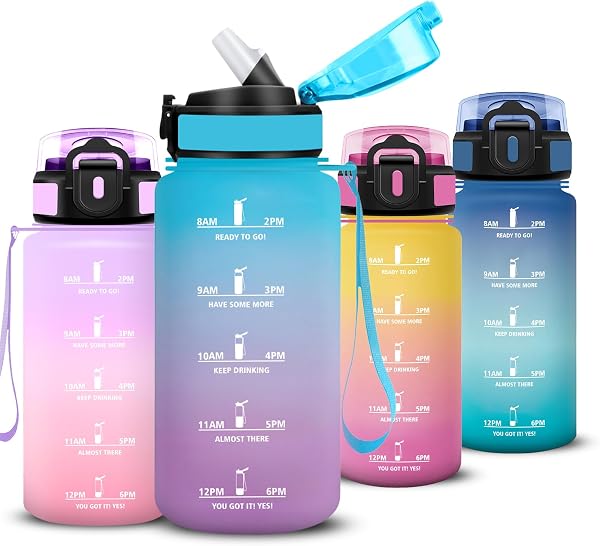 Gourde 500ml, Gourde Enfant avec Paille, Verrou de Sécurité, Anti Fuite Bouteille Motivationnelle, Bouteille d'eau anti Fuite, Facile à Nettoyer, Gourdes avec Marqueur de Temps pour Camping, Velo - 1