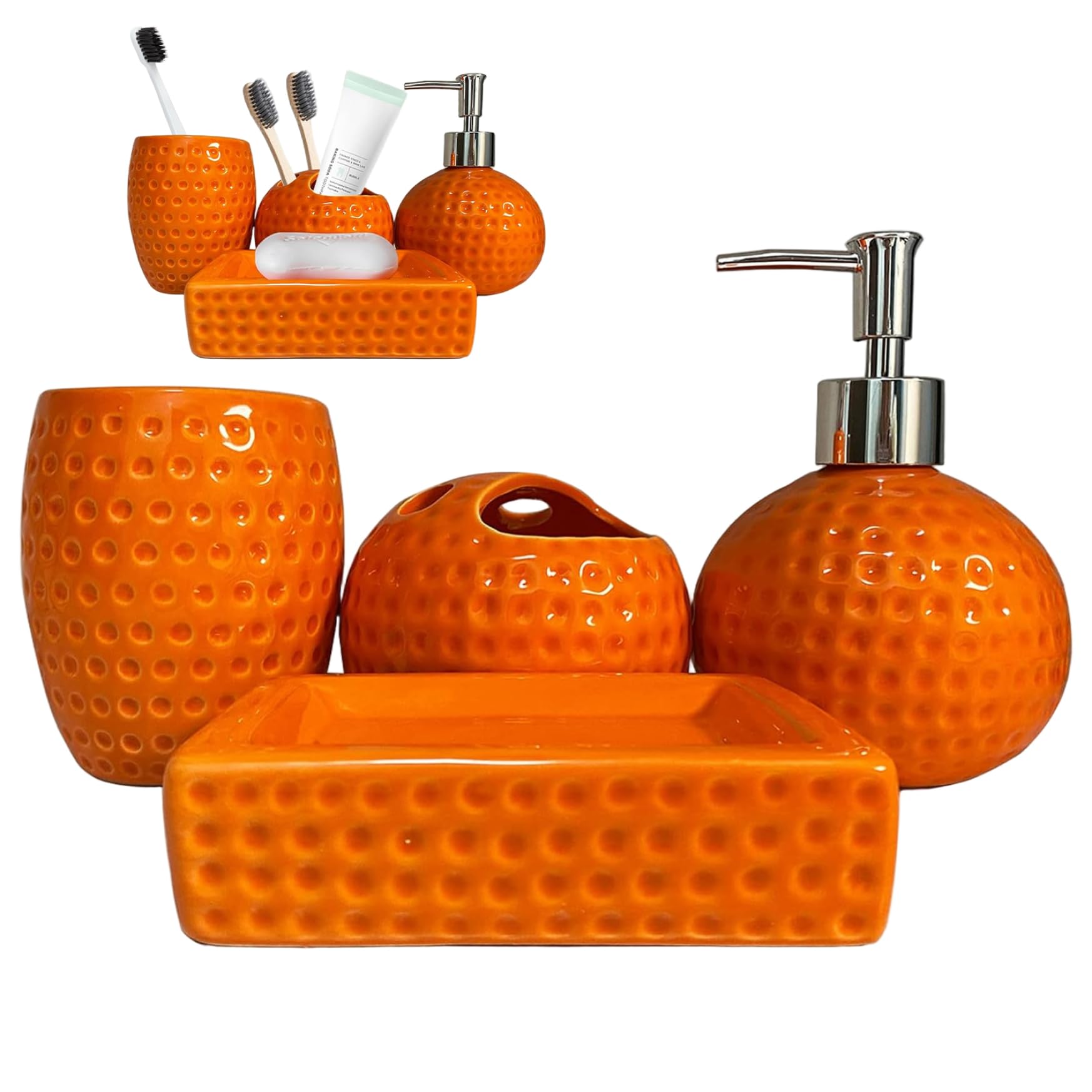 Juego de baño Naranja de 4 Piezas, Accesorios de baño de cerámica Naranja Que Incluyen portacepillos de Dientes, Vaso, dispensador de loción y jabonera para casa y Hotel.