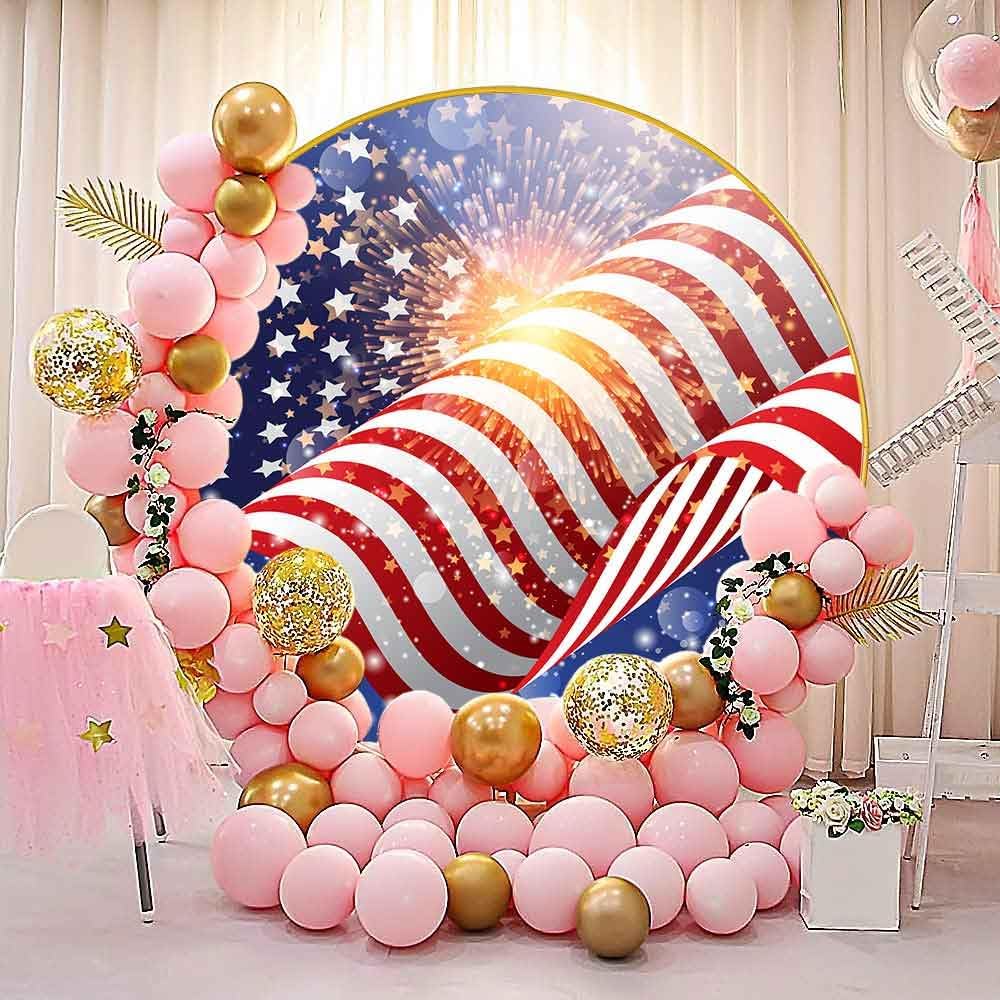 7.2ft American Flag Round Backdrop Cover, Flannel 4th of July Circle Backdrop Cover, Birthday Patriotic Veterans Party Chic Circular Arch Cover YMBXTPH301