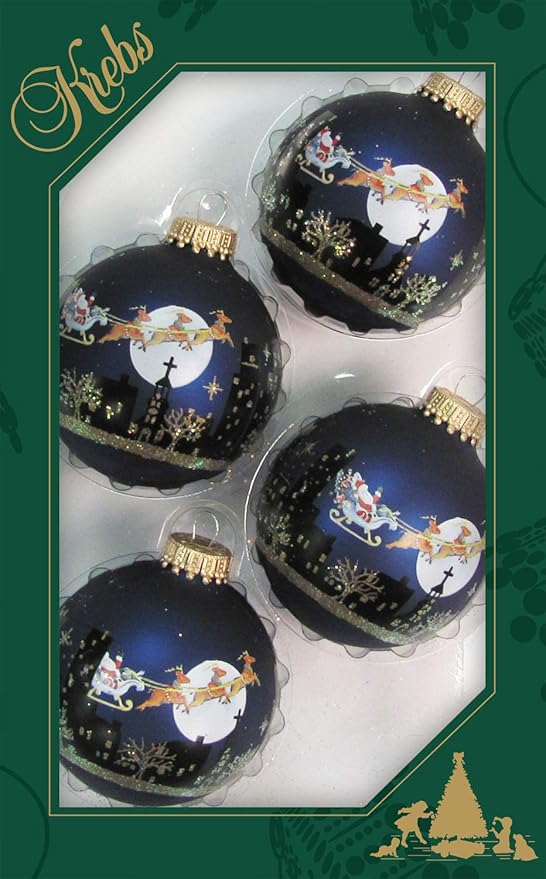 Dekohelden24 Lauschaer Christbaumschmuck – 4er Set Kugeln in Blau Matte mit Weihnachtsszene, 7 cm, mit goldenem Krönchen