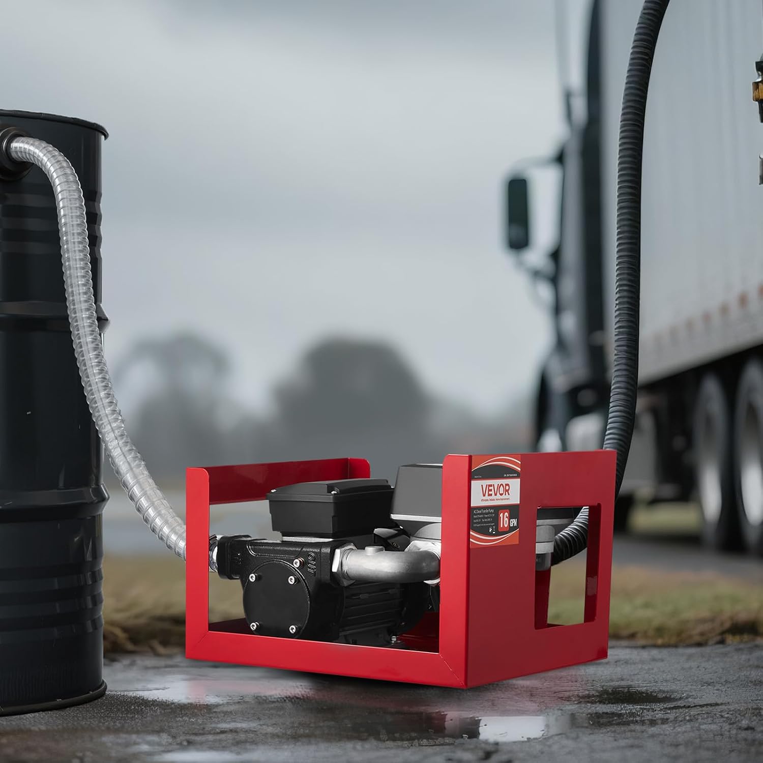 VEVOR Fuel Transfer Pump 110V, 16 GPM 60 L/min, AC Electric Oil Transfer Pump for Diesel Kerosene Biodiesel, with Meter, Auto Fuel Nozzle & 2 Hoses, 45 ft/13.7 m Lift, for Vehicles, Construction Sites