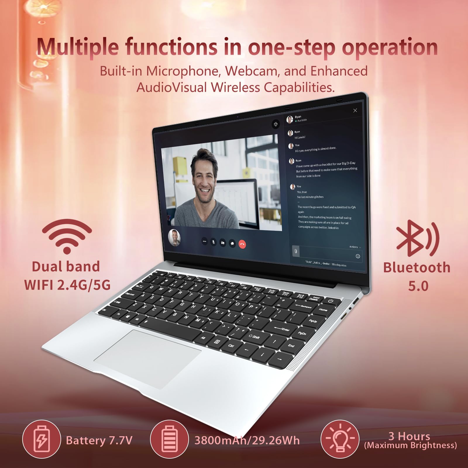 14,1 Pollici PC Portatile, Notebook Celeron N4000 Processor, Win11 PC Portatile 6GB LPDDR4 RAM 256GB SSD, 1920*1080P Schermo 80°Flip, UHD Graphics 600, Mini-HDMI/USB3.0, Batteria 7.6V/5000MA