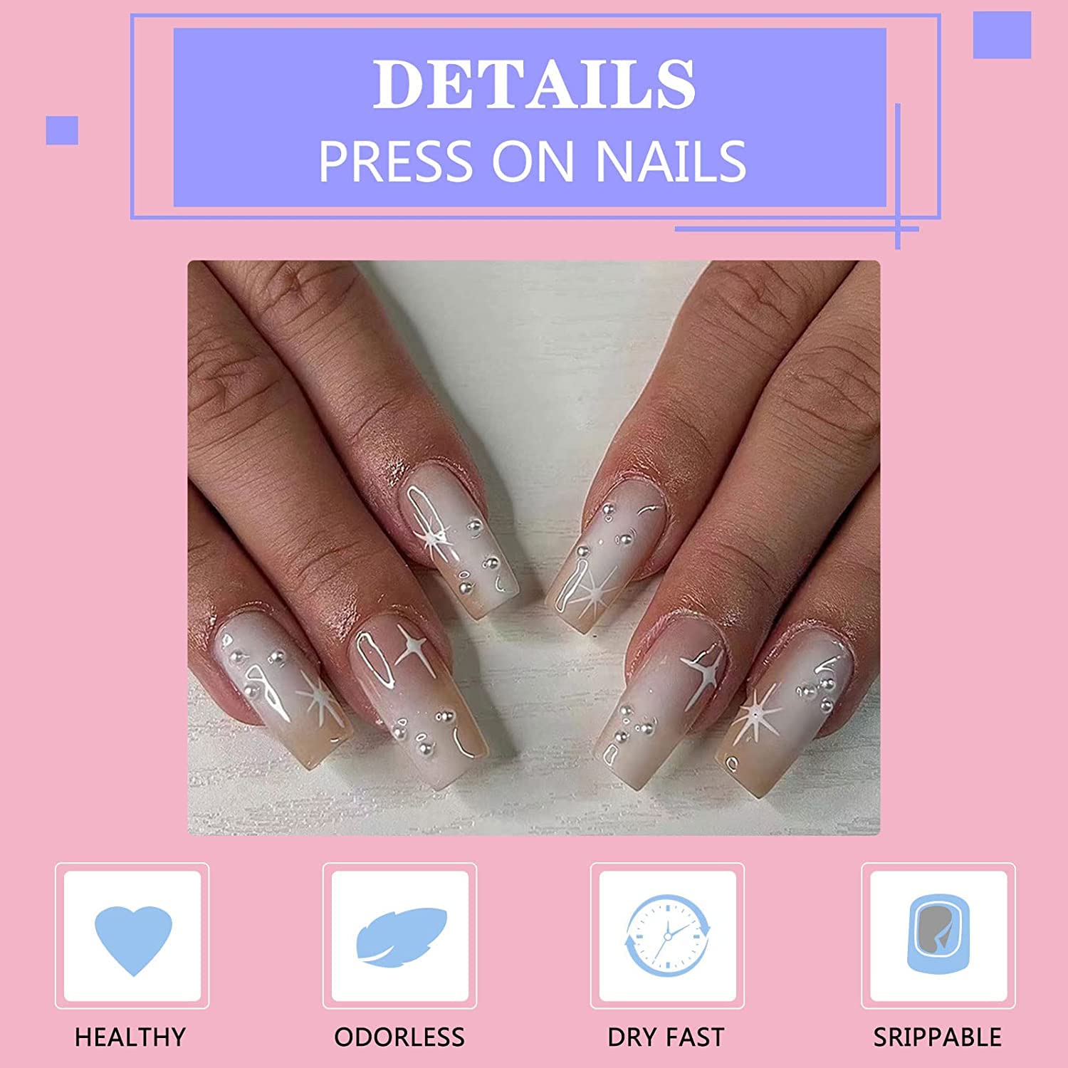 24Pcs French False Nails Coffin Medium Length Fake Nails Star Artificial Full Cover Press on Nails White Pearls Ballerina Acrylic Stick on Nails for Women Girls Nail Art DIY - Image 3