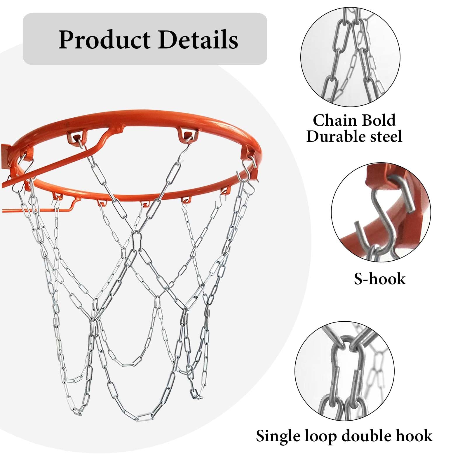 Red de Baloncesto Cadenas, Red de Baloncesto Metal con 12 Gancho en S, Red de Baloncesto Resistente Exterior, Red de Baloncesto de Repuesto para Cancha de Baloncesto Cubierta