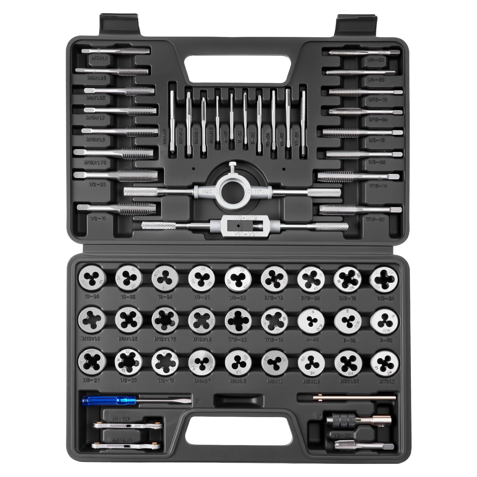 VEVOR Coffret de Tarauds et Filières, 60 Pcs, Kit de Taraudage et Filetage Métriques M3 à M12 et Tailles SAE, Filetage à Pas Gros et Fin, Tourne-à-gauche, Mallette de Rangement et Accessoires Complets