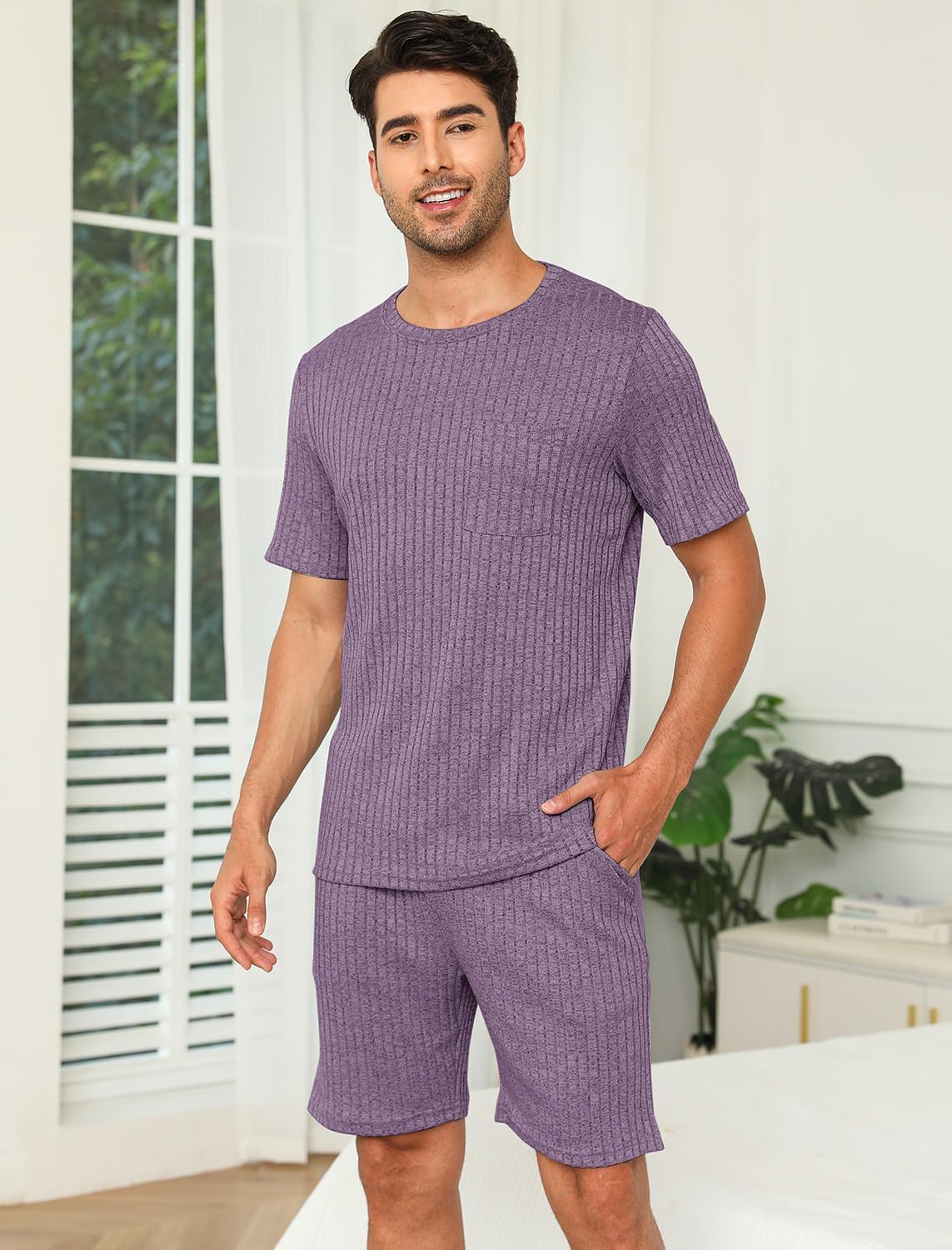 Matching Pajamas for Couples Ribbed Knit Lounge Set Soft Short Sleeve 2 Pieces Sleepwear S-XXL - Image 4