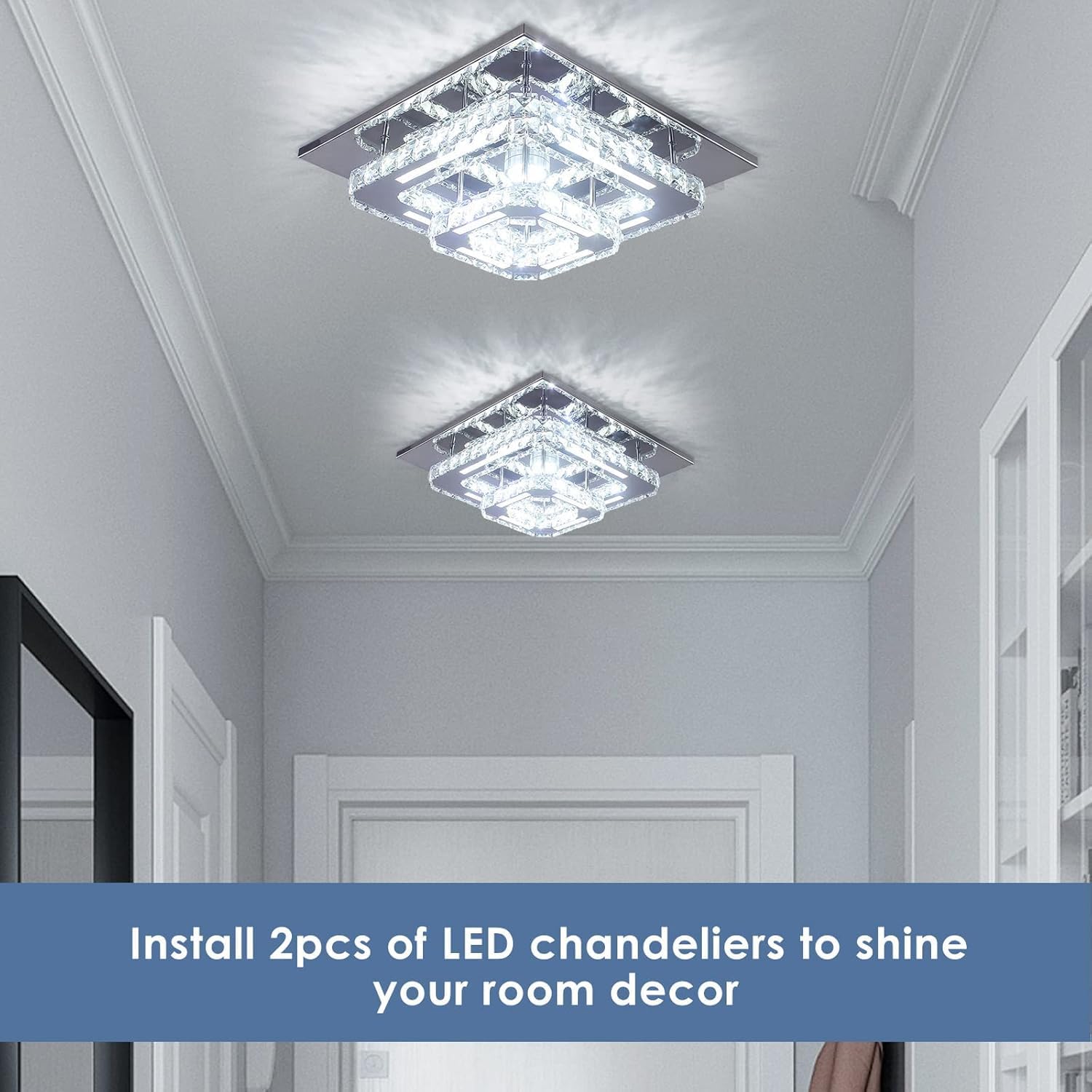 FRIXCHUR Crysta Chandelier LED Crystal Ceiling Light 2 Layers 12 inch Dimmable Flush Mount Ceiling Light Modern Chandeliers Lighting for Bedroom Hallway Staircase Kitchen Closet (3 Colors Change)