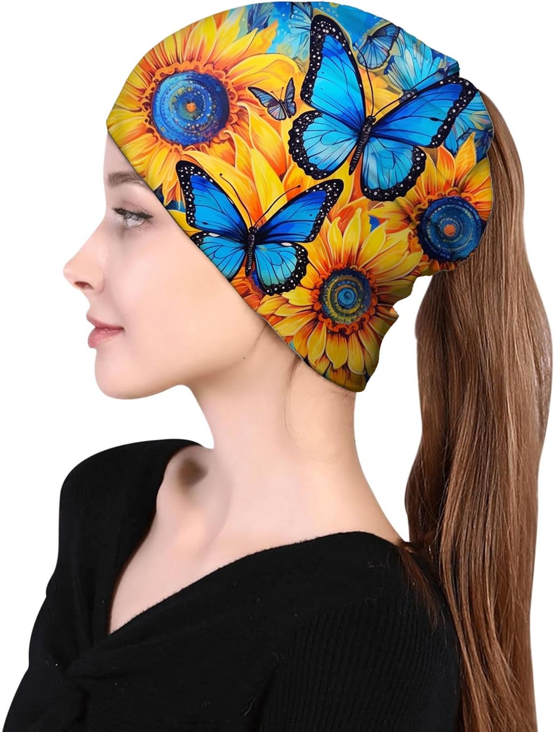 Turquoise Butterfly Women's Slouchy Beanie Hat Cute Turban Hats Cancer Headwear Caps Baggy Skull Sleep Scarf - Image 2