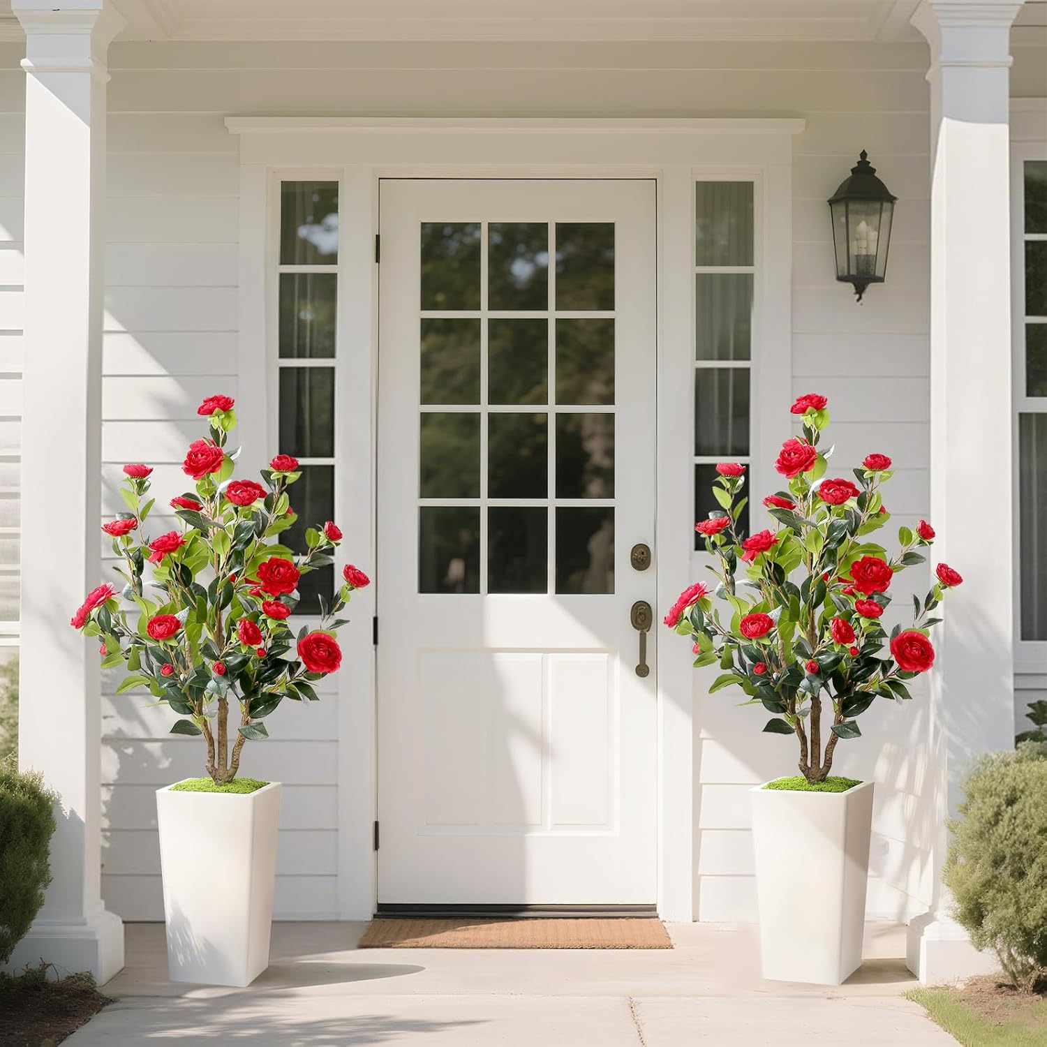 Romantic Season 4FT Artificial Camellia Tree with White Tall Planter, Red Faux Camellia Plant Flower Tree for Modern Home Office Living Room Floor Décor Outdoor Indoor，Red