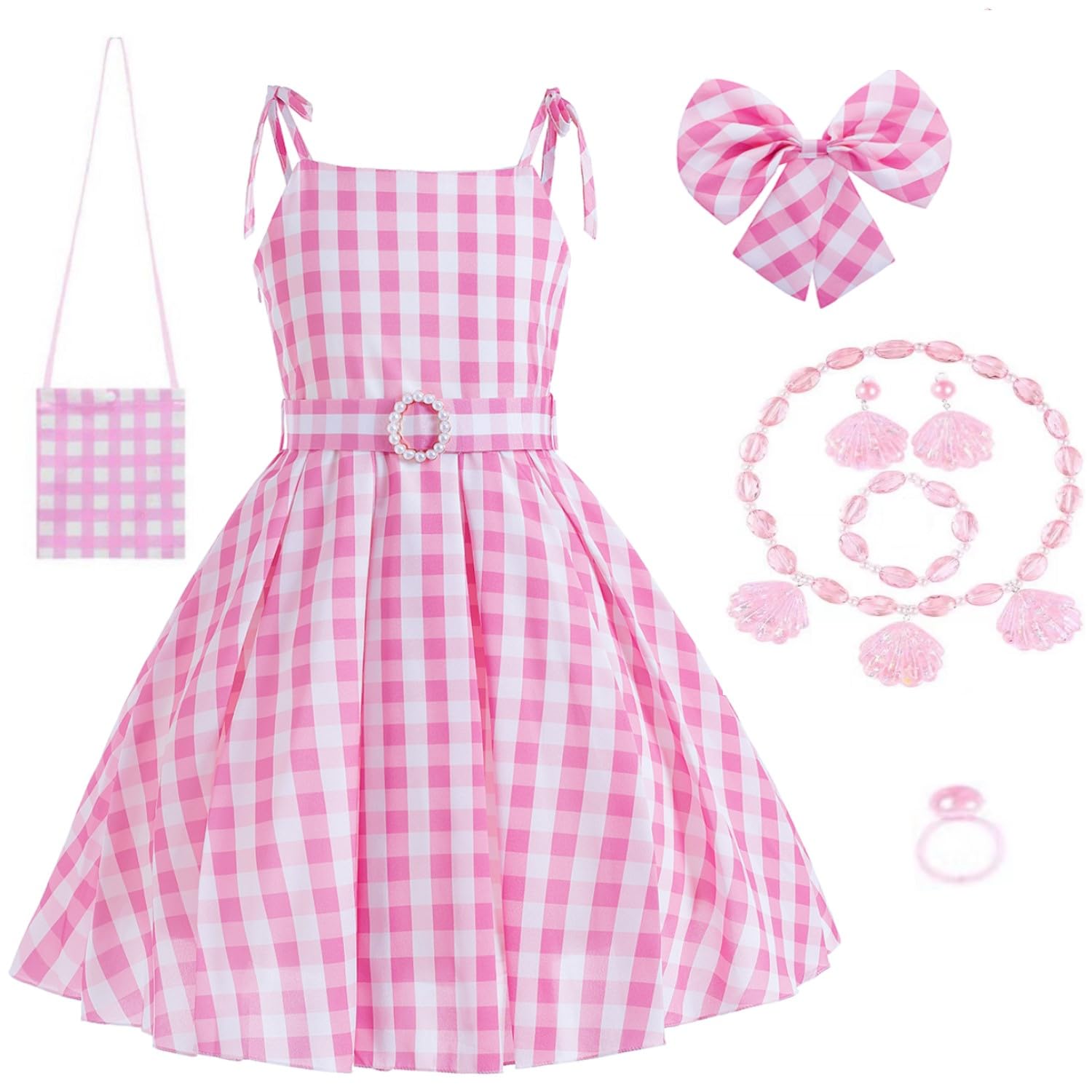 AODOKAT Girls Princess Costume Pink Plaid Dress With Accessories Movie Cosplay Dresses Pink Princess Costume Fancy Dress Up Kids Outfits Carnival Halloween (Dress With Accessories, 11-12 Years (150))