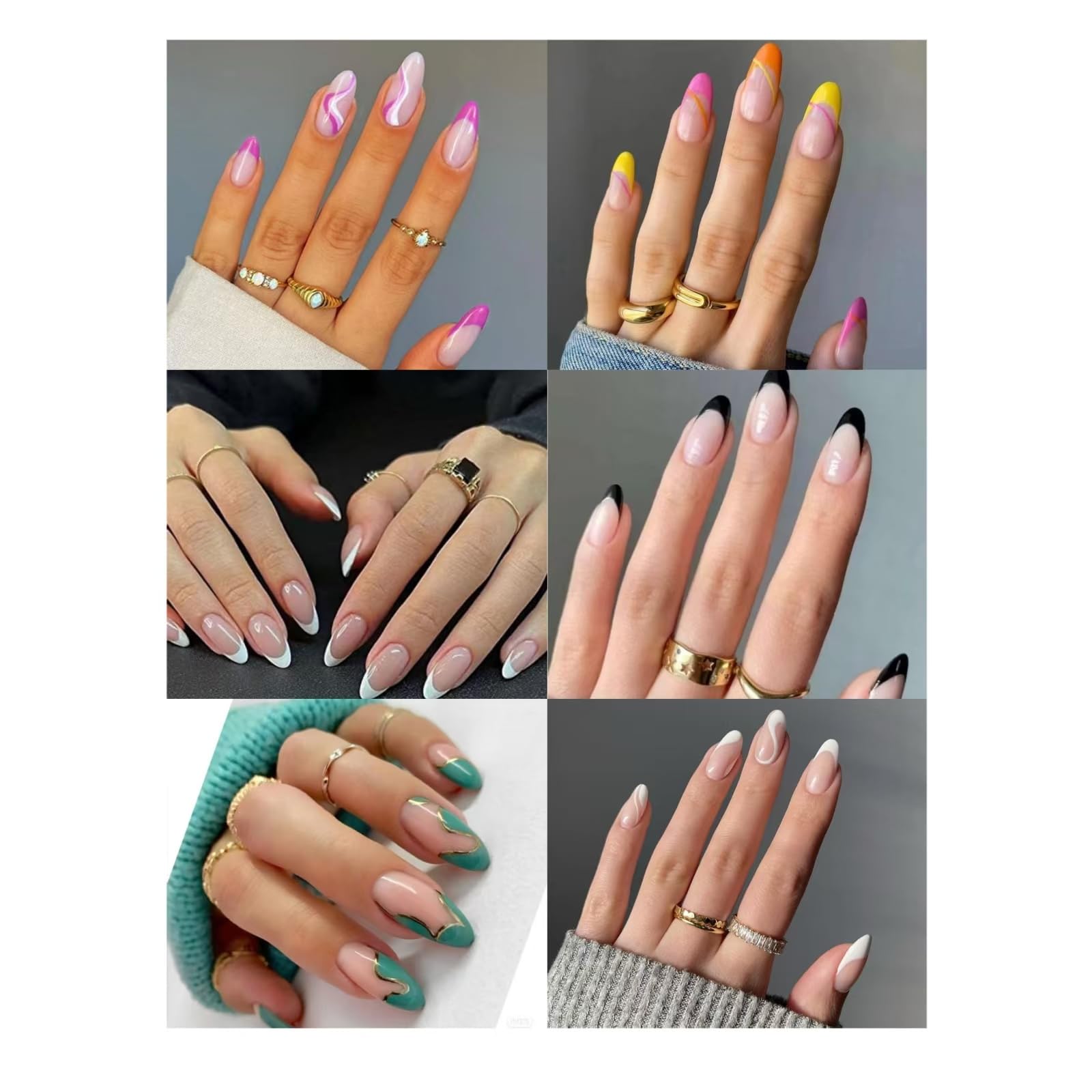 6 Packs (144 Pcs) Press On Nails Medium Fake Nails with Glue French Tip Sets White Black False Nailss with Designs Glue On Nail s Almond Stick On Nails for Women and Girls…