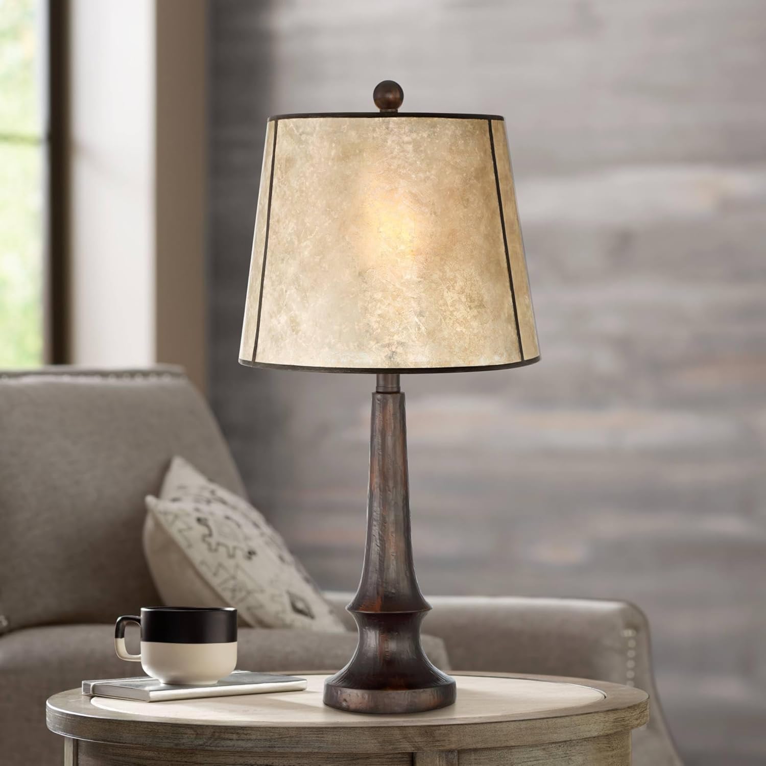 Franklin Iron Works Naomi Industrial Rustic Farmhouse Table Lamp 25" High Aged Bronze Brown Beige Mica Tapered Drum Shade Decor for Bedroom Living Room House Home Bedside Nightstand Office Family