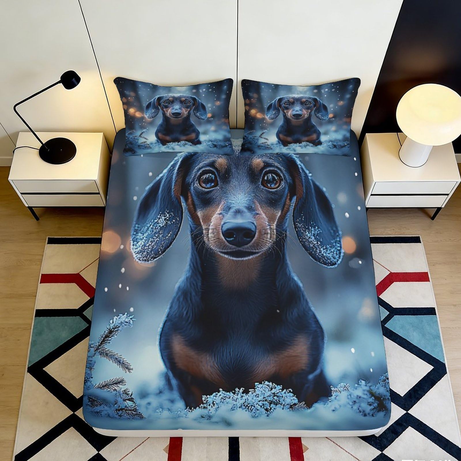3D Printed Dachshund Design Fitted Sheet Microfiber Deep Pocket Bedroom Bedding Dachshund Mattress Fitted Cover Non-Slip Washable 90x200x25cm