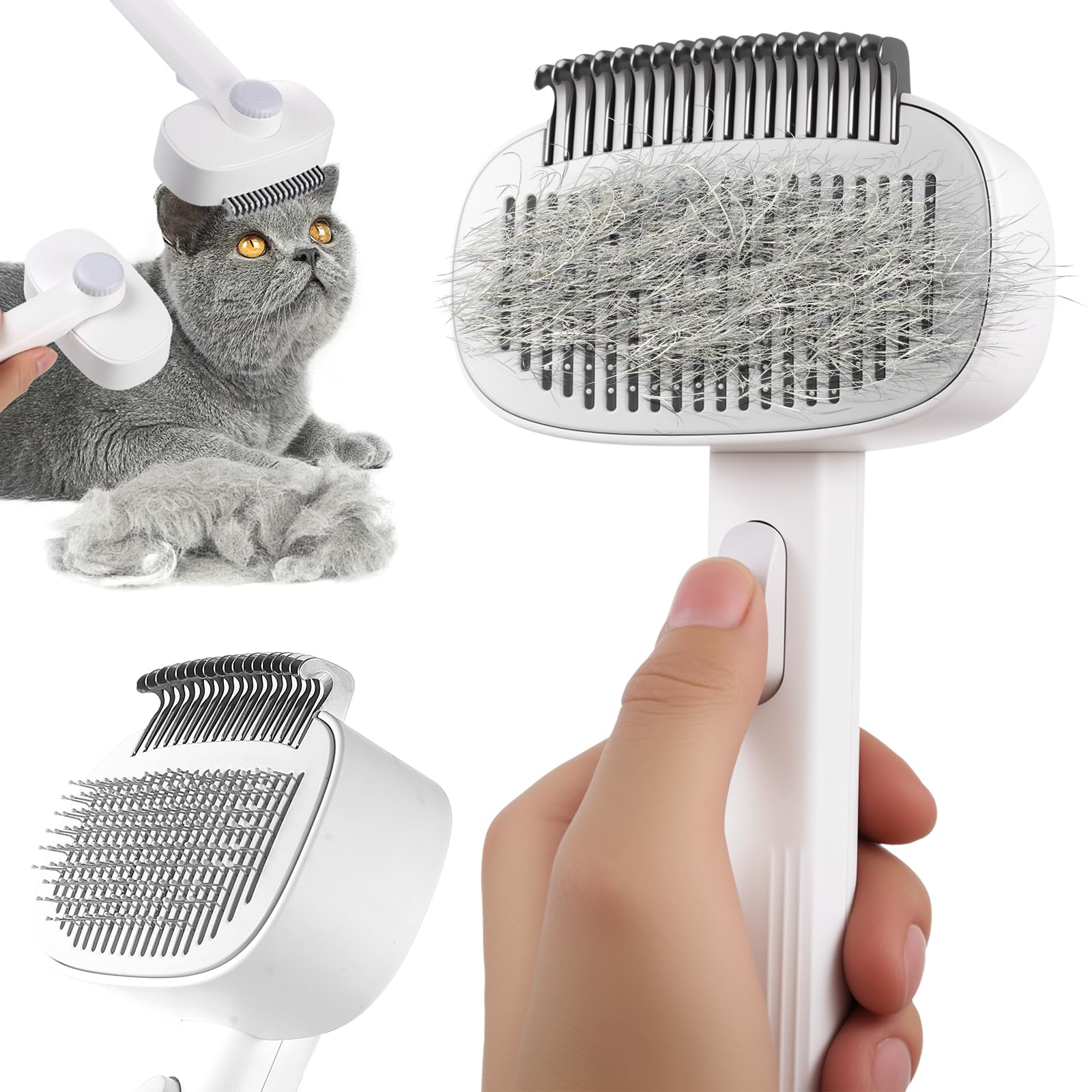 Cepillo Autolimpieza con Botón para Gatos y Perros 2 en 1-Peine Desenredador+Cerdas, Elimina Nudos/Subpelo,Gire la perilla para ajustar la longitud de las cerdas.Pelo Corto/Largo(Blanco)