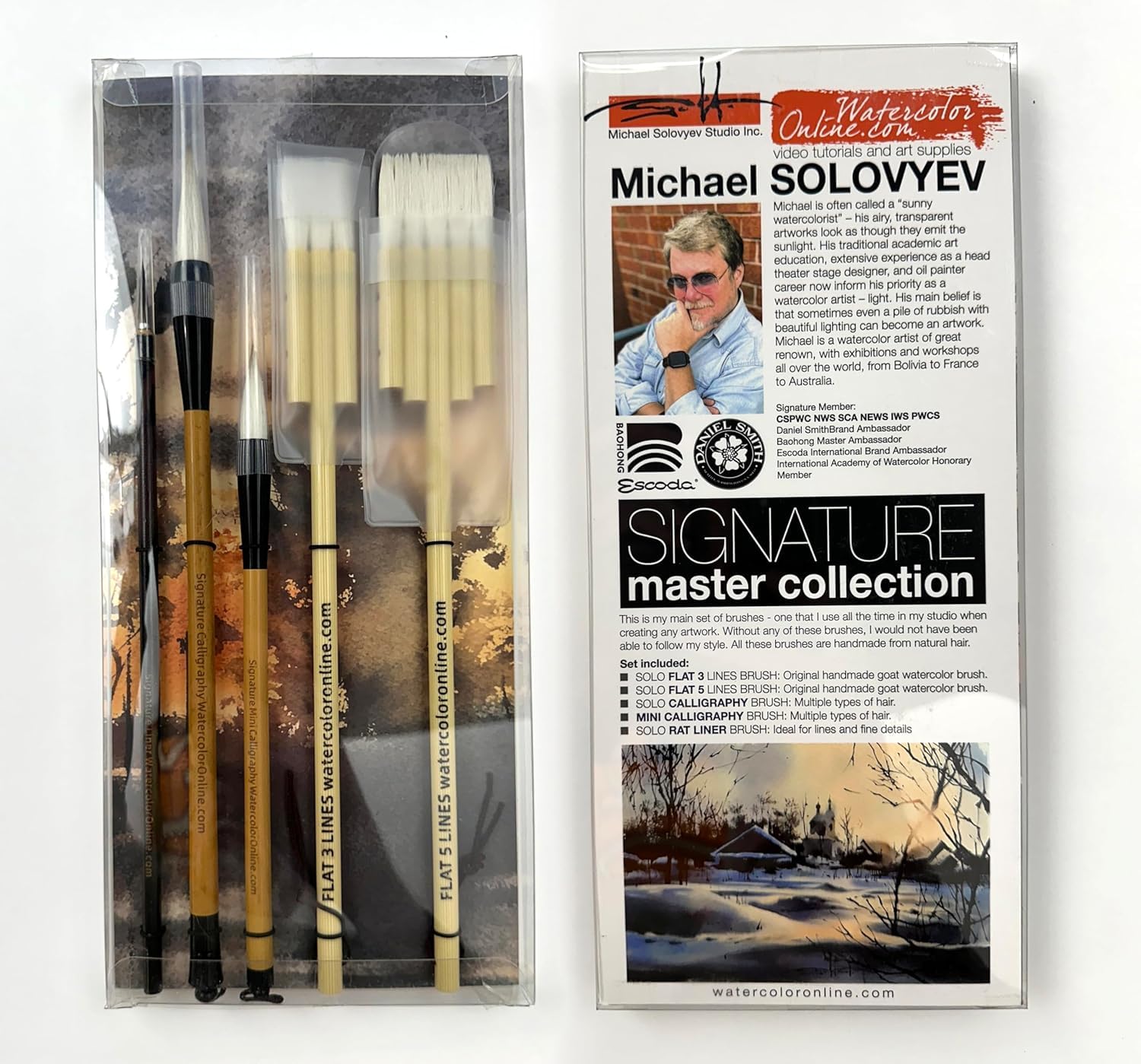 Michael Solovyev Signature - Juego de pinceles de acuarela hechos a mano, para cabello natural, plano, caligrafía y delineador, asas de madera, juego individual (5 piezas)