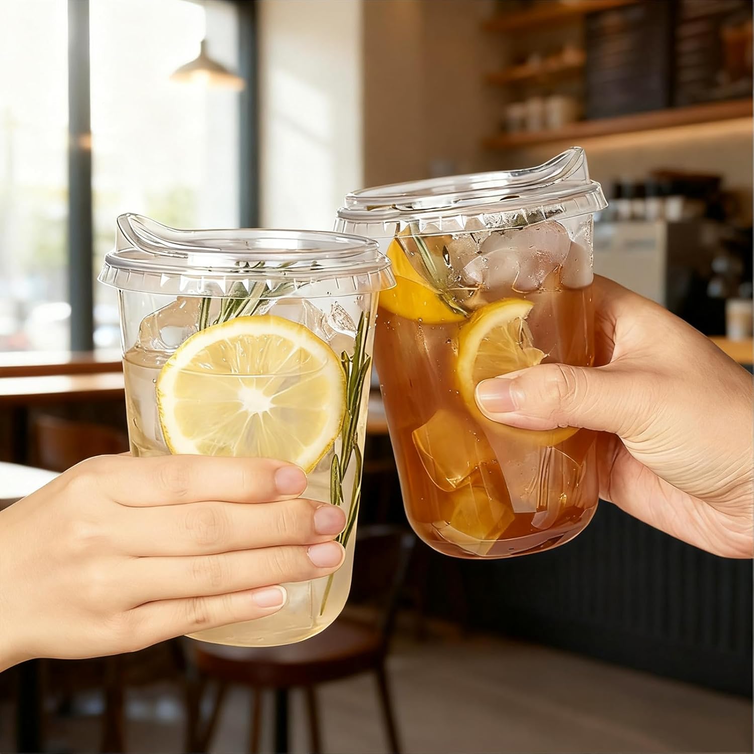 Round Bottom Clear Plastic Cups with Sip Lids, 100 Sets, Disposable Iced