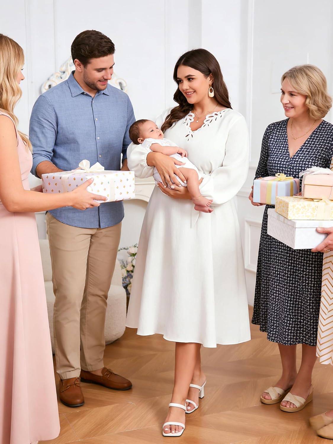 Women's Plus Size Formal Cocktail Dress-V Neck Lace Midi A-Line Dress with Belt,Elegant Wedding Guest Party Prom Dress - Image 6